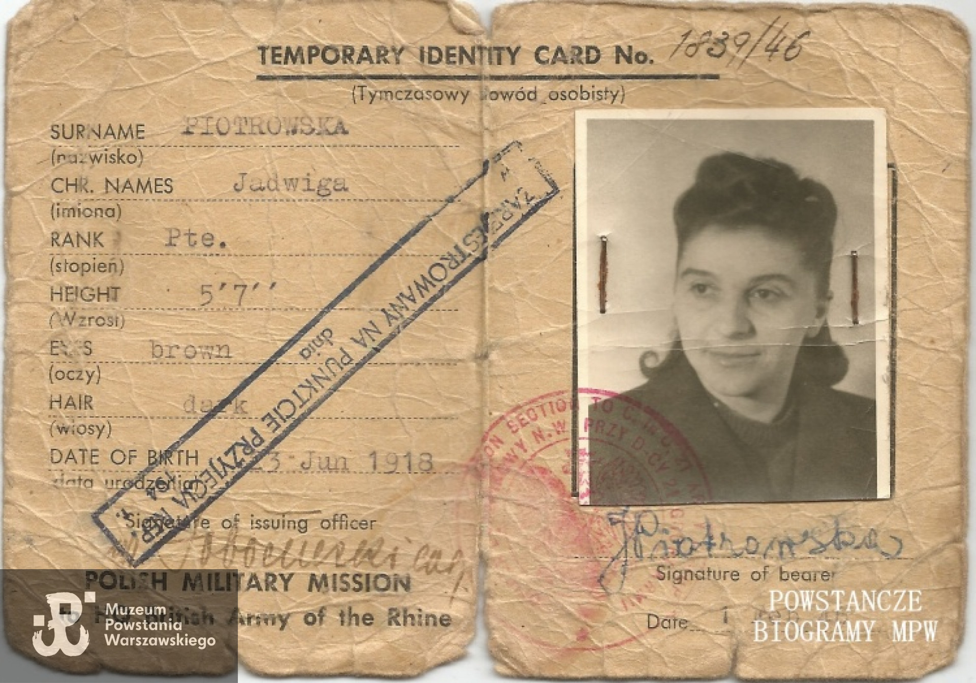 Tymczasowy dowód osobisty z 1946 roku. Fot. z archiwum rodzinnego Magdaleny Wrombel z d. Piotrowskiej.