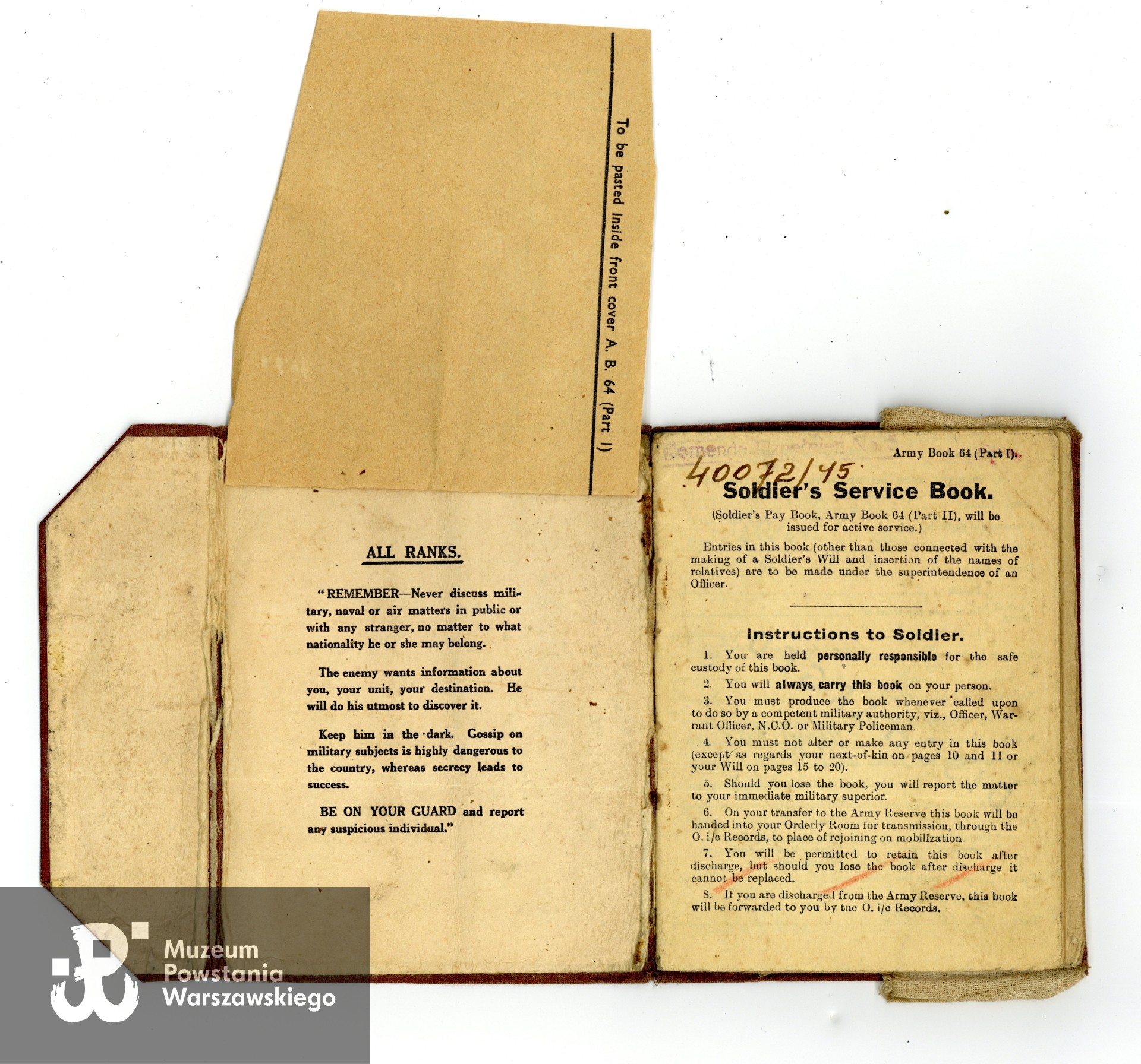 Książeczka wojskowa (Soldier's Service and Pay Book) wystawiona na nazwisko Zdzisława Stawicka [Raczkowska].