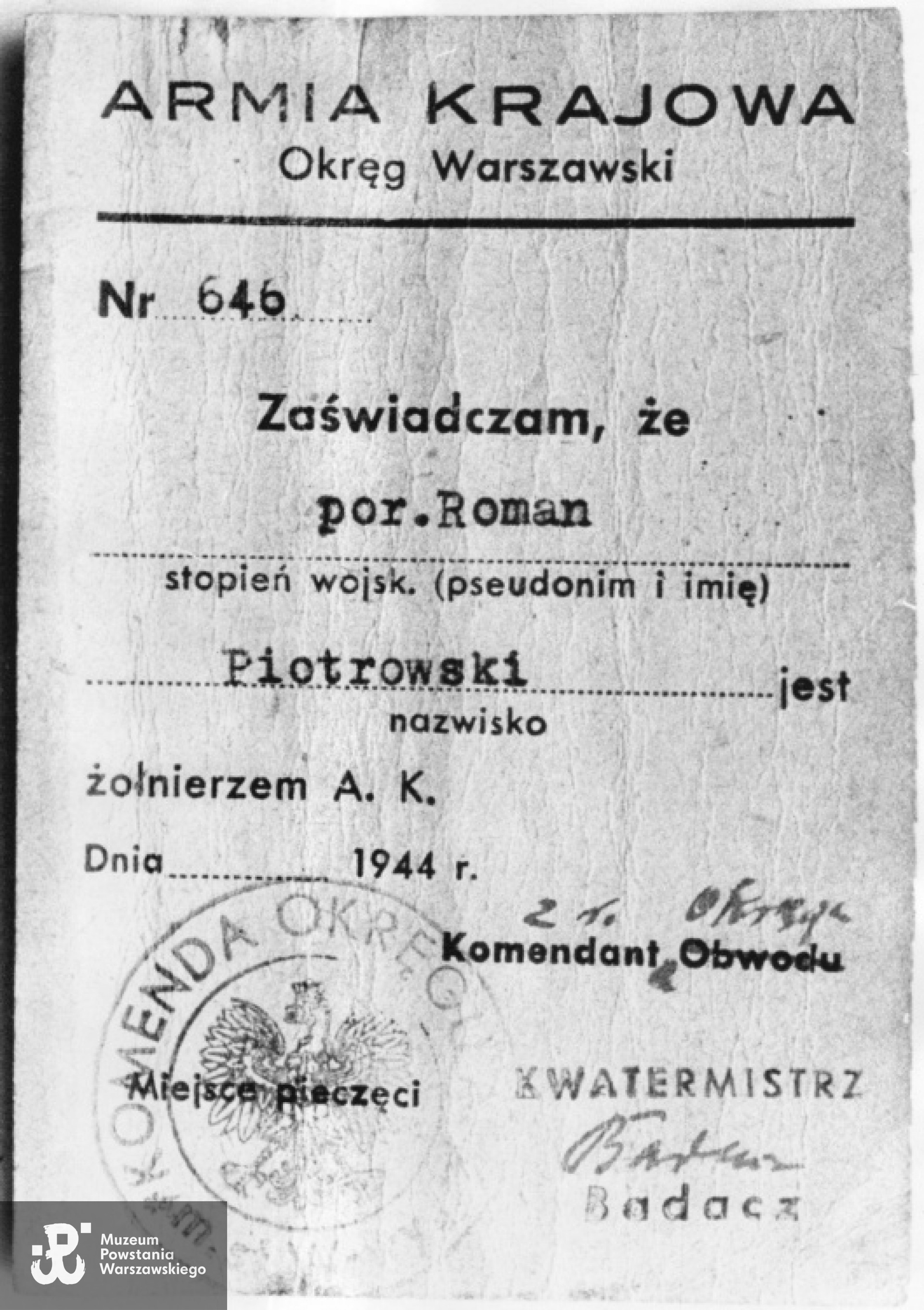 Należąca do por. Stefana Piotrowskiego "Romana" legitymacja Armii Krajowej. Ze zbiorów rodzinnych, skan udostępnił p. Piotr Surma, wnuk Powstańca