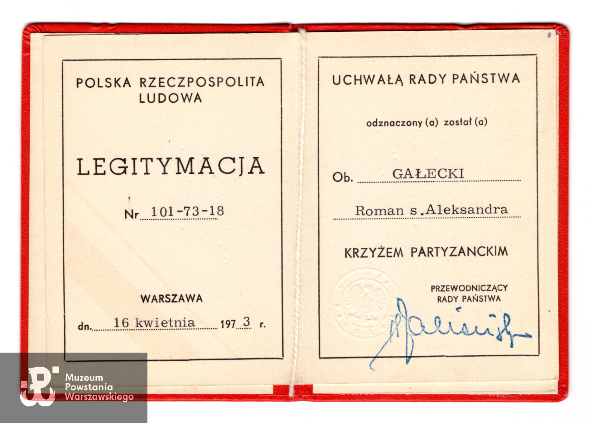 Legitymacja odznaczeniowa: Krzyż  Partyzancki.  Ze zbiorów rodzinnych p. Danuty Szydłowskiej
