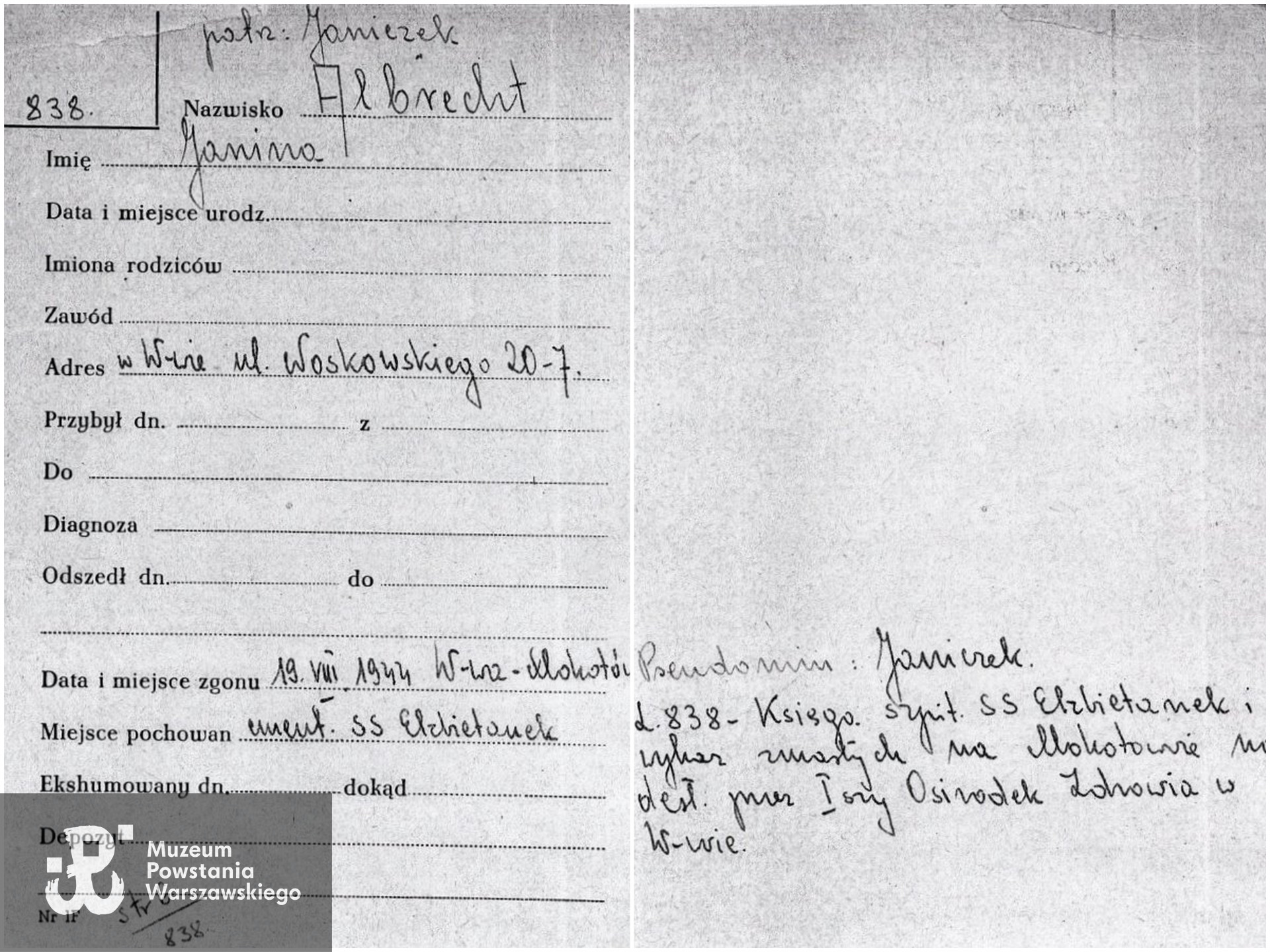 Pomyłka w zapisach PCK - karta założona na nazwisko Janina Albrecht ps. Janiczek (zamiast Janosik), zamieszkała przy ul. Noskowskiego 20/7 (zamiast Noakowskiego 20/7), z tą samą datą śmierci 19.08.1944.  Źródło: Polski Czerwony Krzyż - Krajowe Biuro Informacji i Poszukiwań