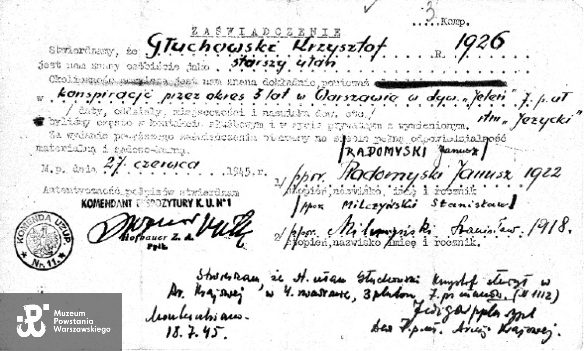 27 czerwca 1945 r. - Zaświadczenie weryfikacyjne Krzysztofa Głuchowskiego wystawione w Polskim Ośrodku Wojskowym Casernes Bessieres w Paryżu