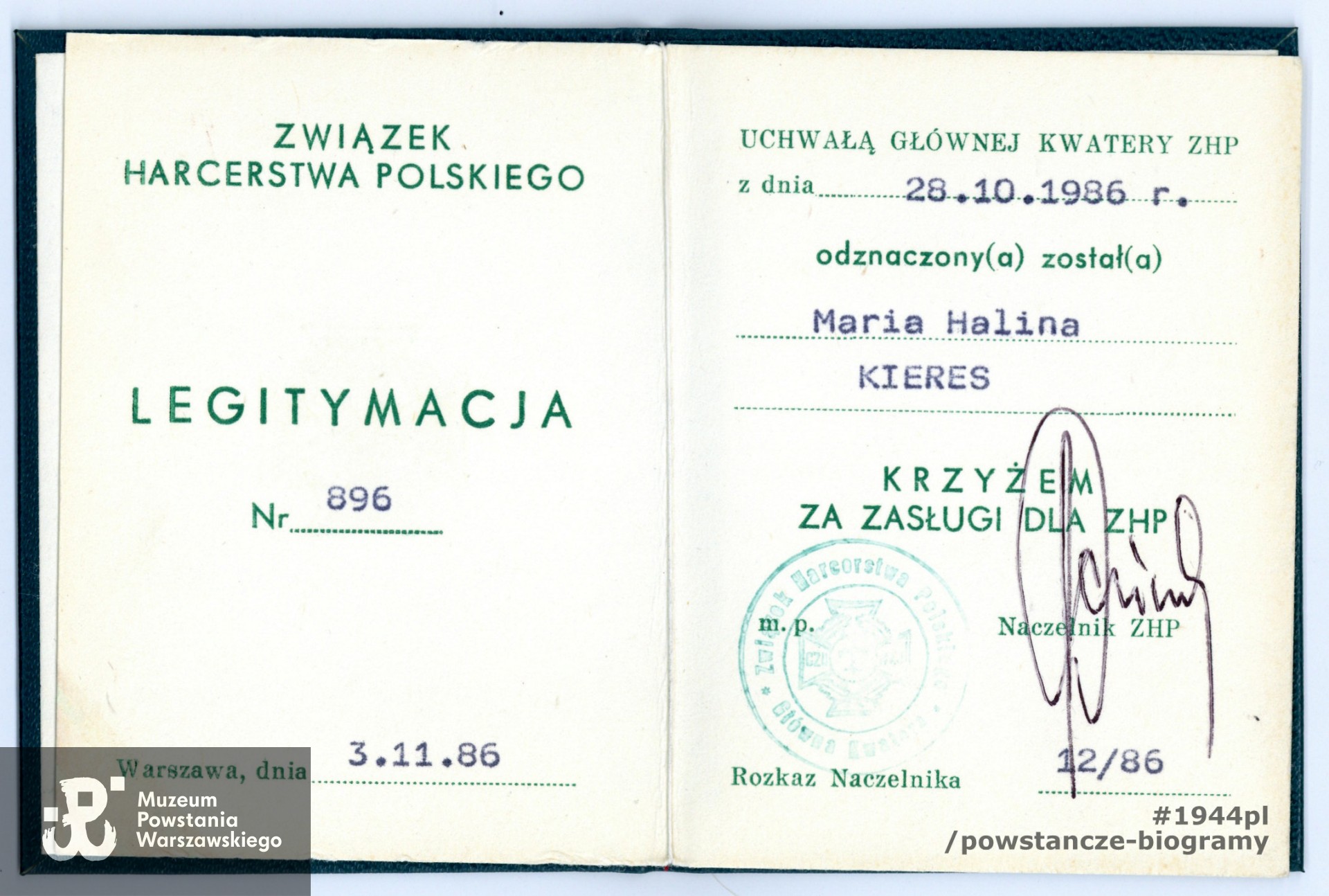 Legitymacja odznaczeniowa ze zbiorów rodzinnych p. Joanny Kozłowskiej, córki