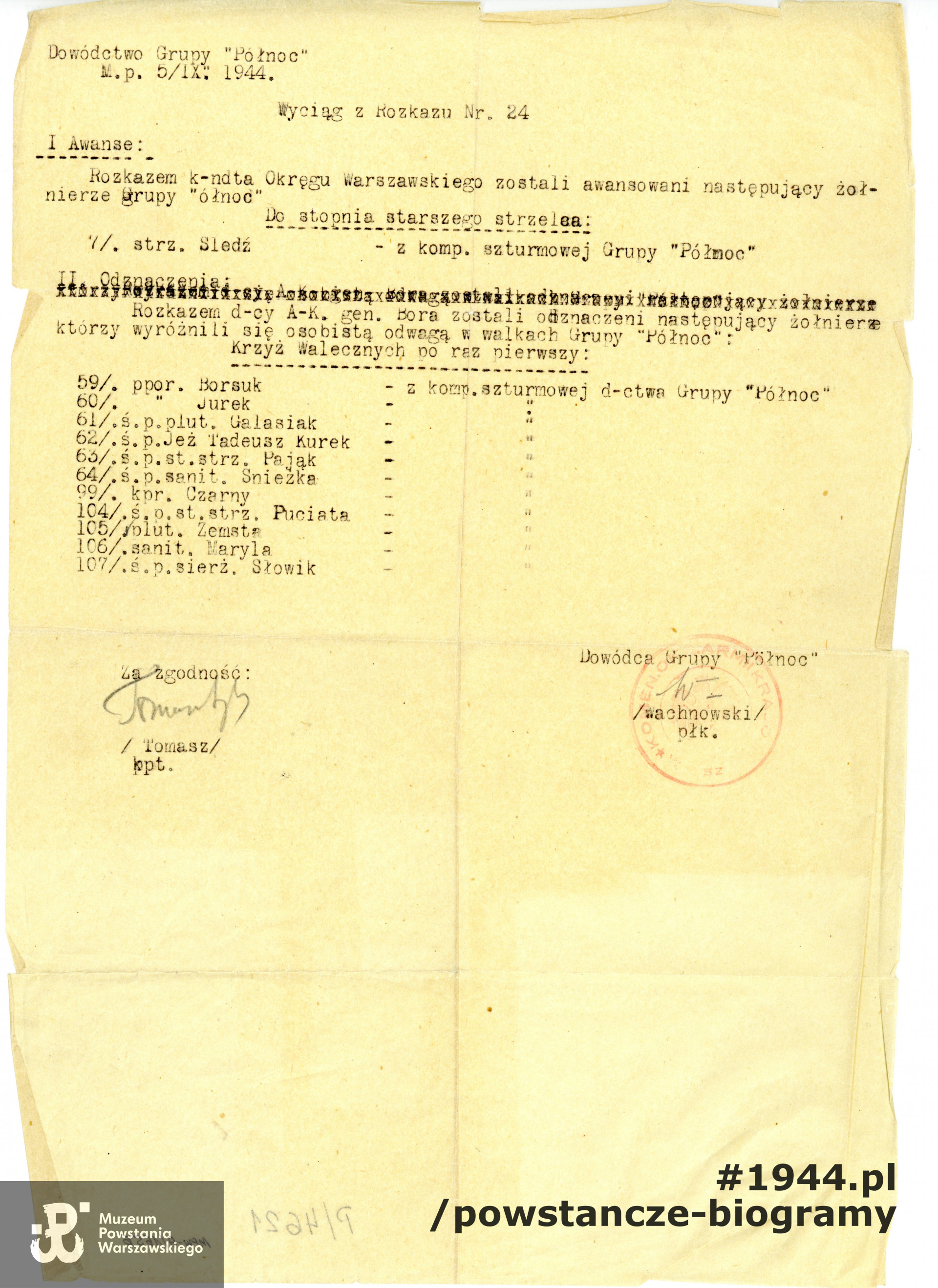 Wyciąg z rozkazu Dowództwa Grupy „Północ”  Nr. 24 z 05-09-1944 dotyczący awansu i odznaczeń Krzyżem Walecznych. Ze zbiorów Muzeum Powstania Warszawskiego, dar Marii Kossut