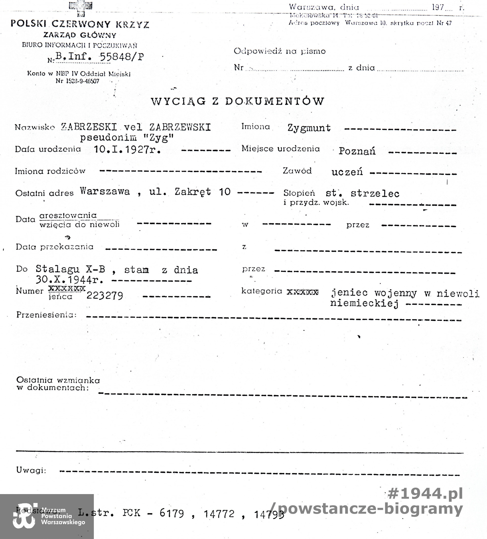 Wyciąg z dokumentów PCK. Ze zbiorów Muzeum Powstania Warszawskiego, sygn.  P/4534