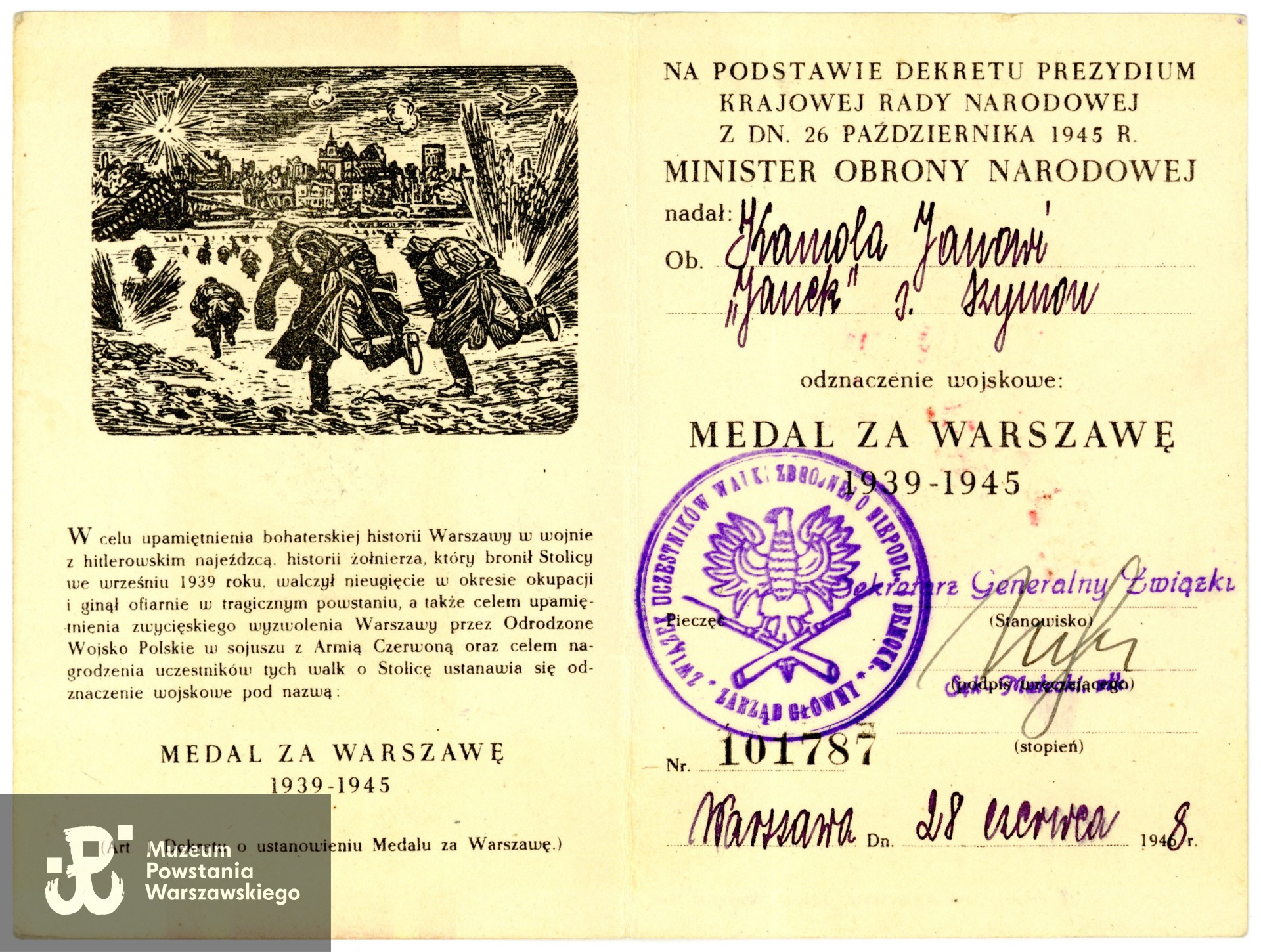 Legitymacja odznaczeniowa: Medal za Warszawę 1939-1945