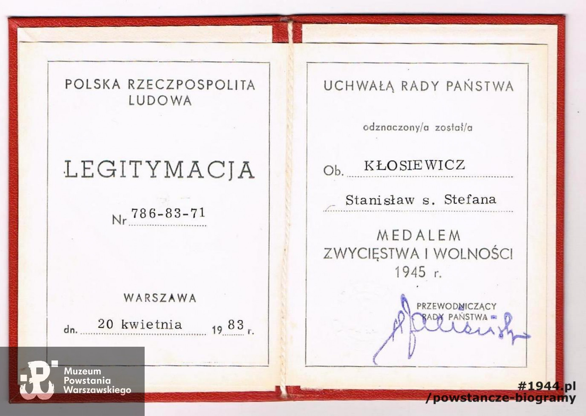 Legitymacja odznaczeniowa - Medal Zwycięstwa i Wolności 1945. Z archiwum rodzinnego syna, p. Krzysztofa Kłosiewicza