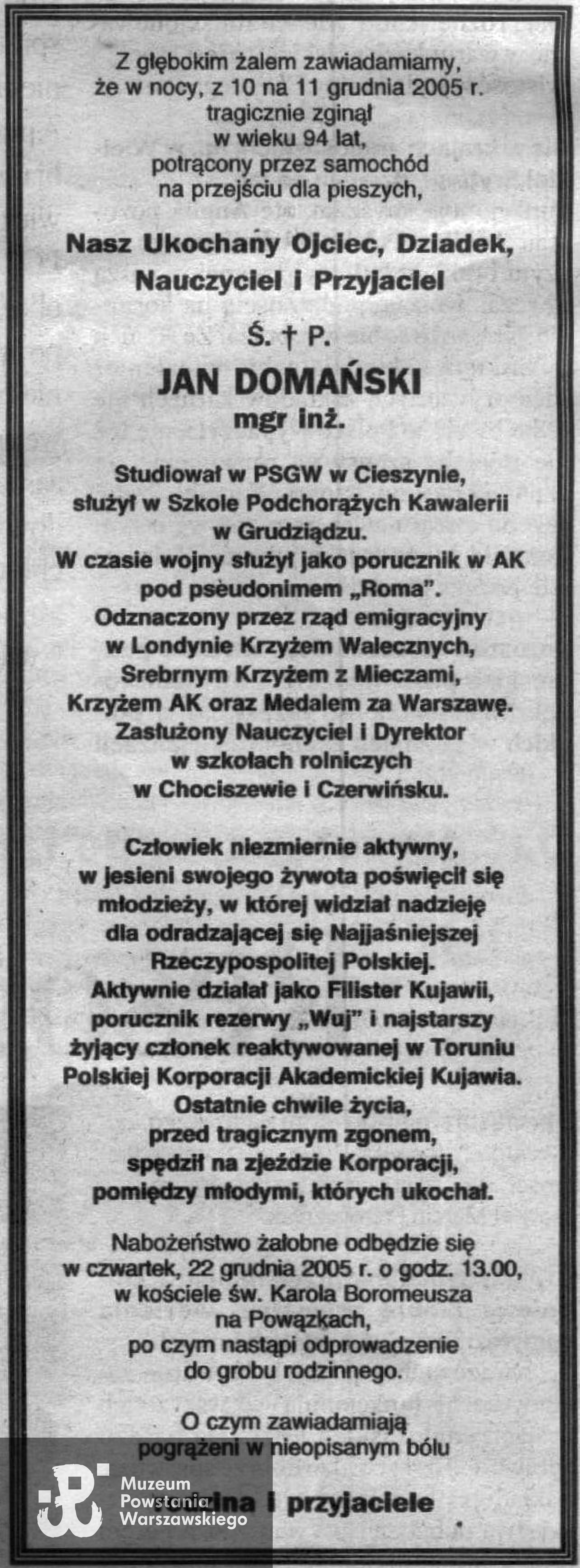 Źr. Muzeum Powstania Warszawskiego, Teczki personalne uczestników Powstania Warszawskiego: Domański Jan