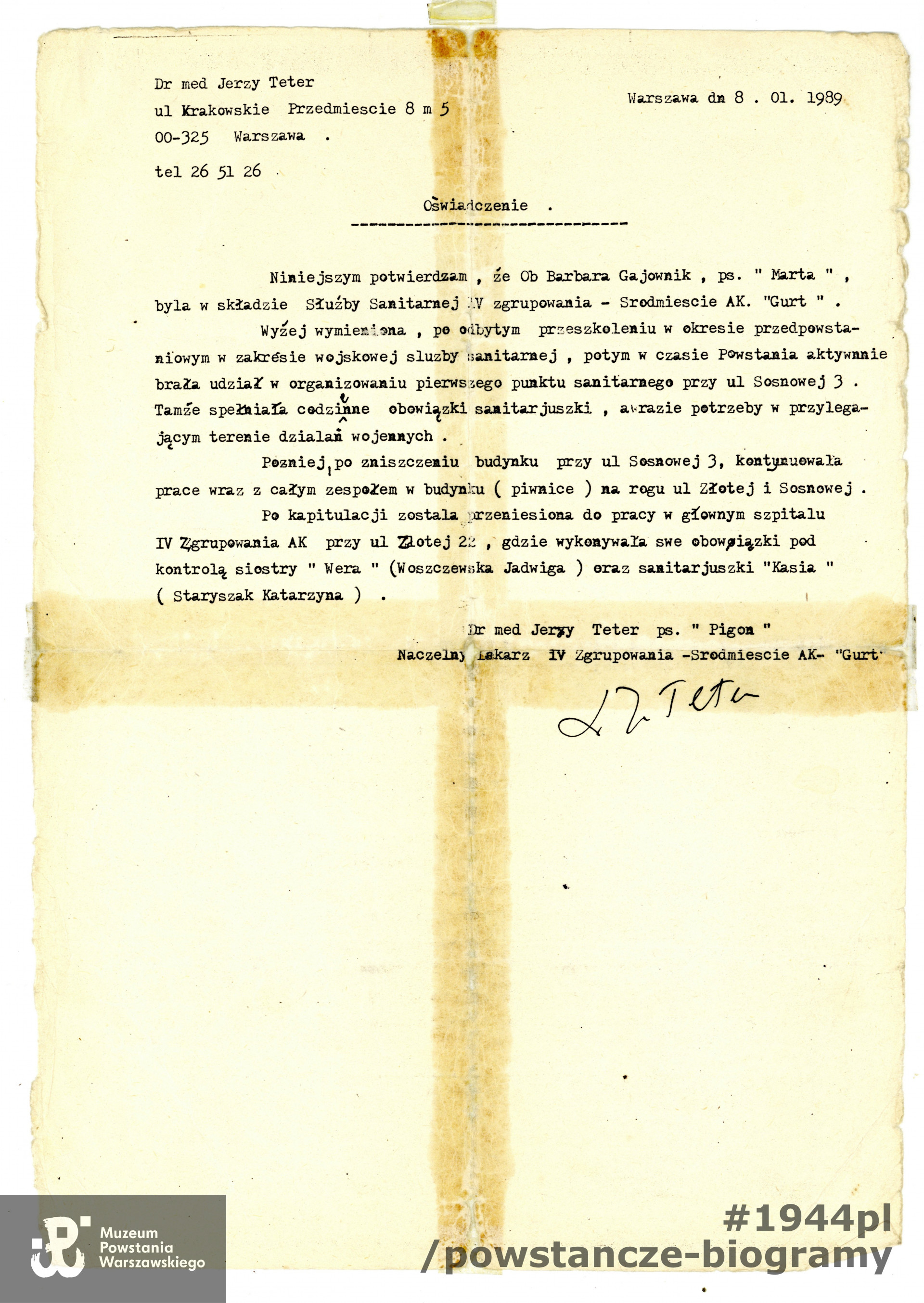Zaświadczenie wydane przed doktora Jerzego Tretera, lekarza naczelnego IV Zgrupowania.