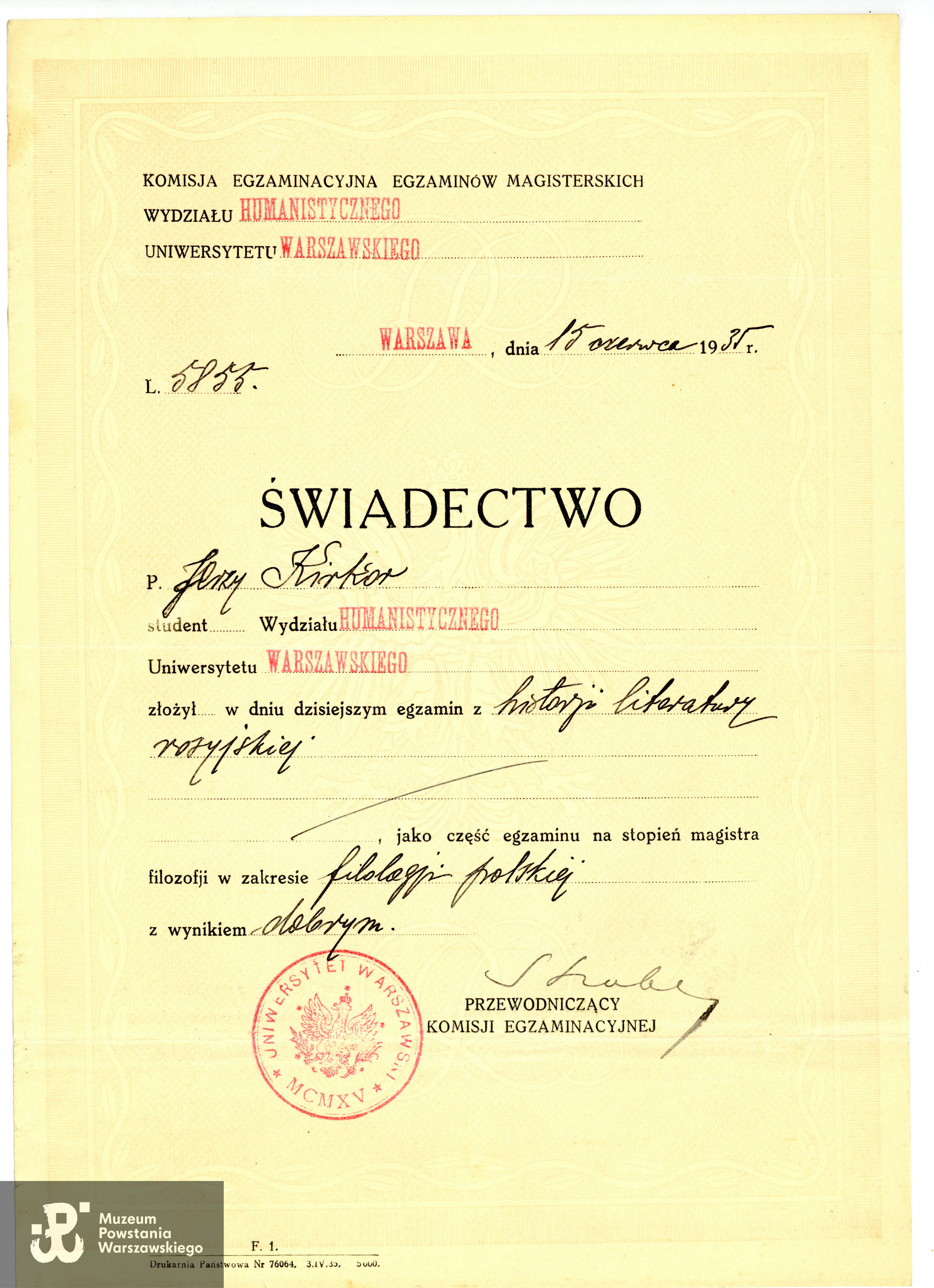 Dokument ze zbiorów rodzinnych, w imieniu Mamy, p. Joanny Wymann, udostępniła p. Helena Schaer, wnuczka Haliny Kirkor