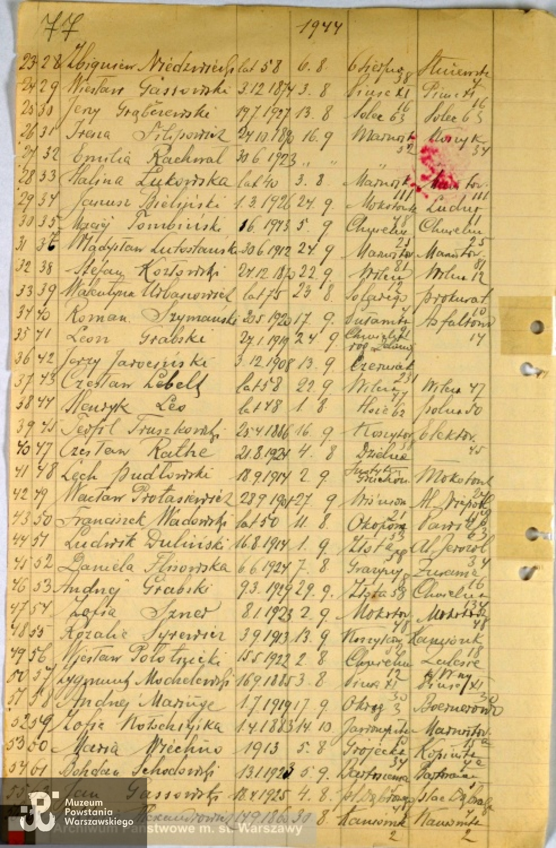 Lista ekshumacyjna ze zbiorów Archiwum Państwowego m. st. Warszawy