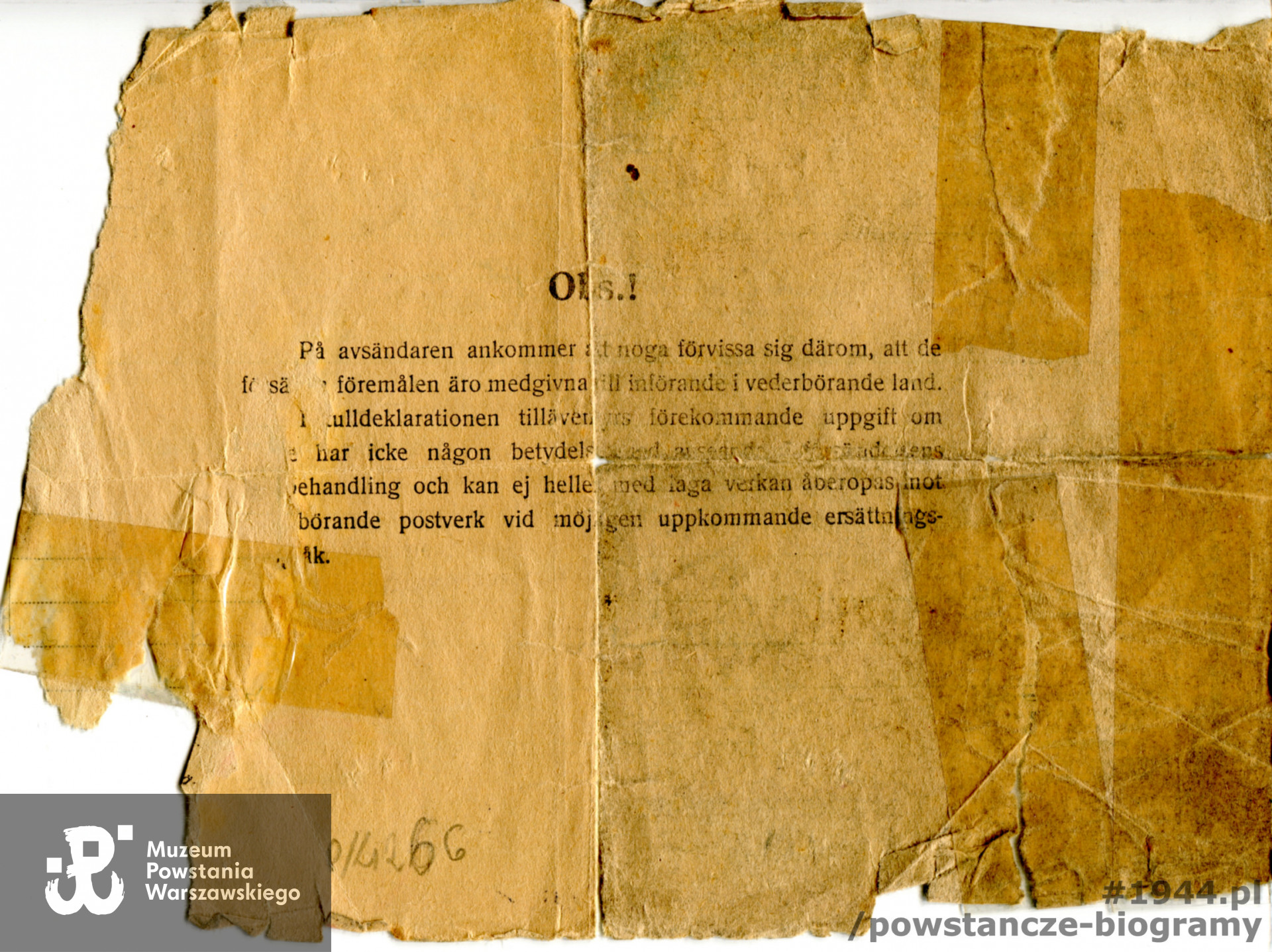 Karta na pobranie paczki Szwedzkiego Czerwonego Krzyża (rewers), ze zbiorów Muzeum Powstania Warszawskiego sygnatura P/4266