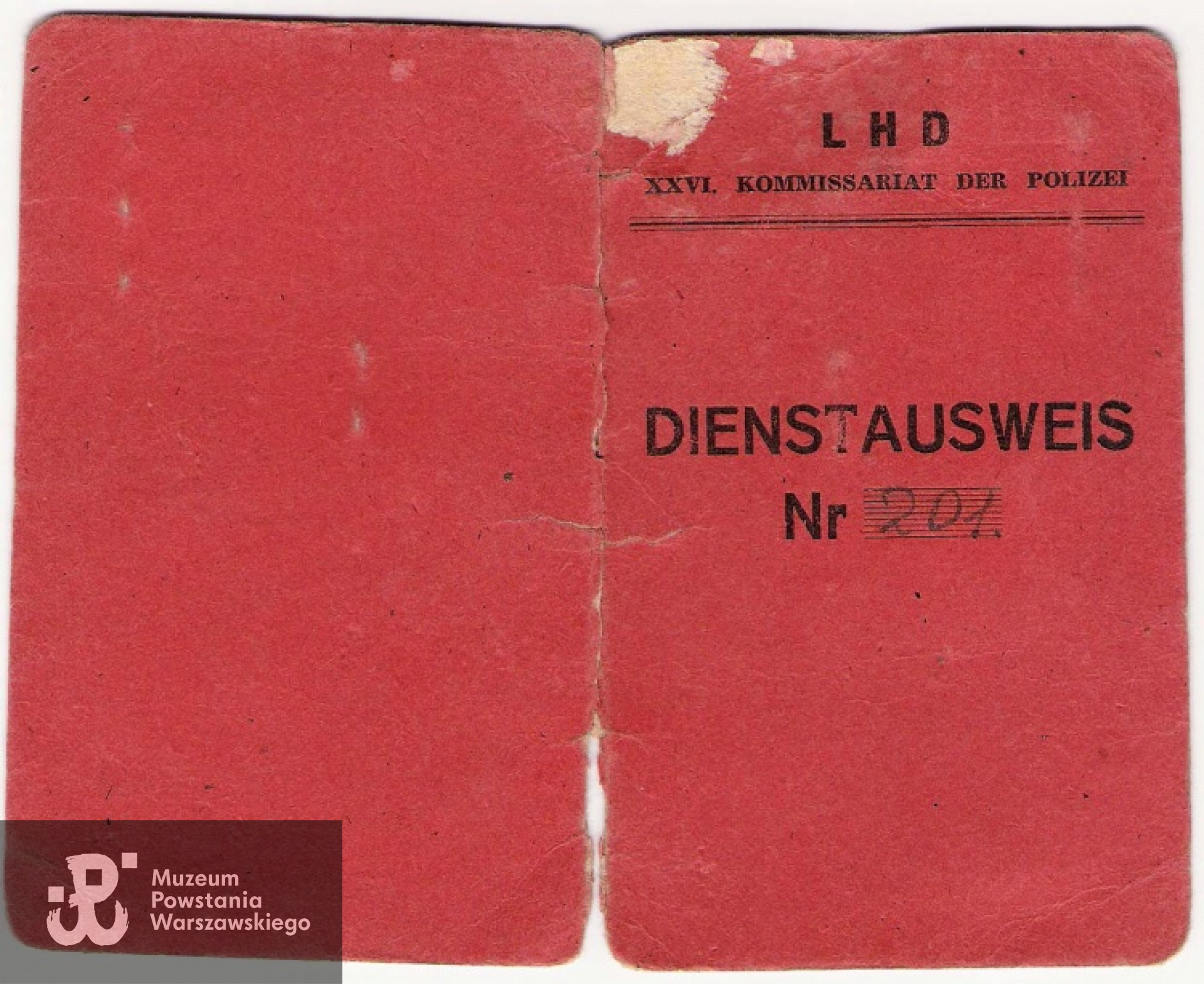 Legitymacja LHD (Lufthilfsdienst – Pomocnicza Służba Przeciwlotnicza) wystawiona przez XXVI komisariat policji na Żoliborzu