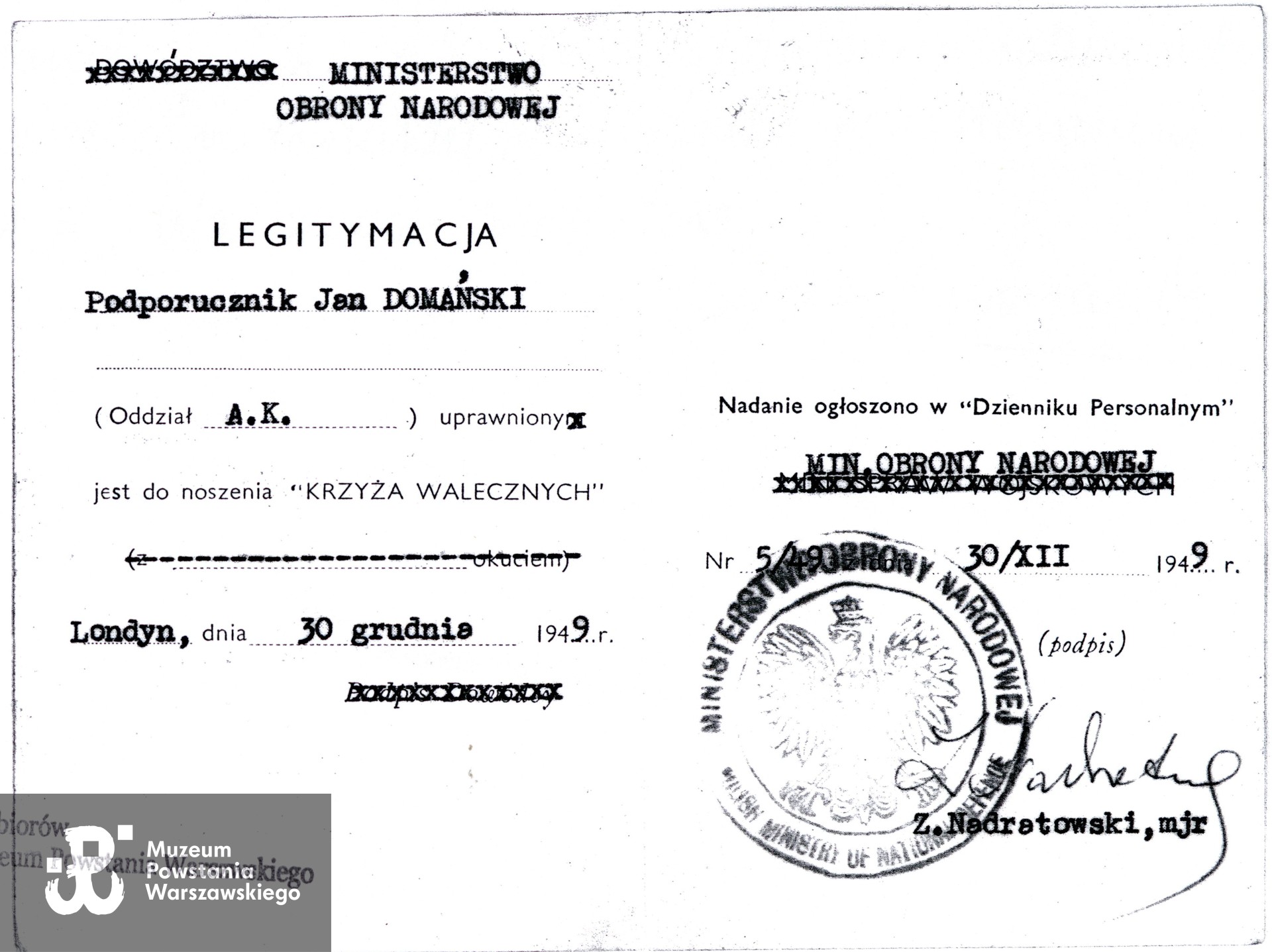 Źr. Muzeum Powstania Warszawskiego, Teczki personalne uczestników Powstania Warszawskiego: Domański Jan