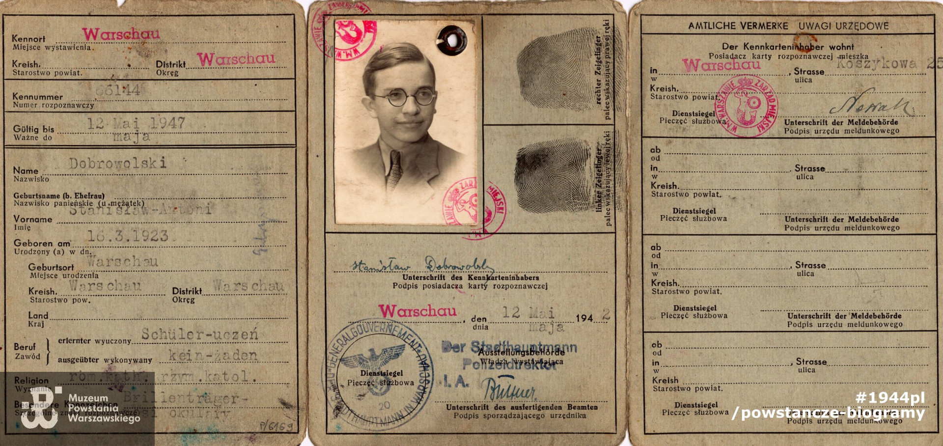 Kennkarte (karta rozpoznawcza) Stanisława Dobrowolskiego. Ze zbiorów Muzeum Powstania Warszawskiego,  sygn. MPW-A-6403 (P/6169)