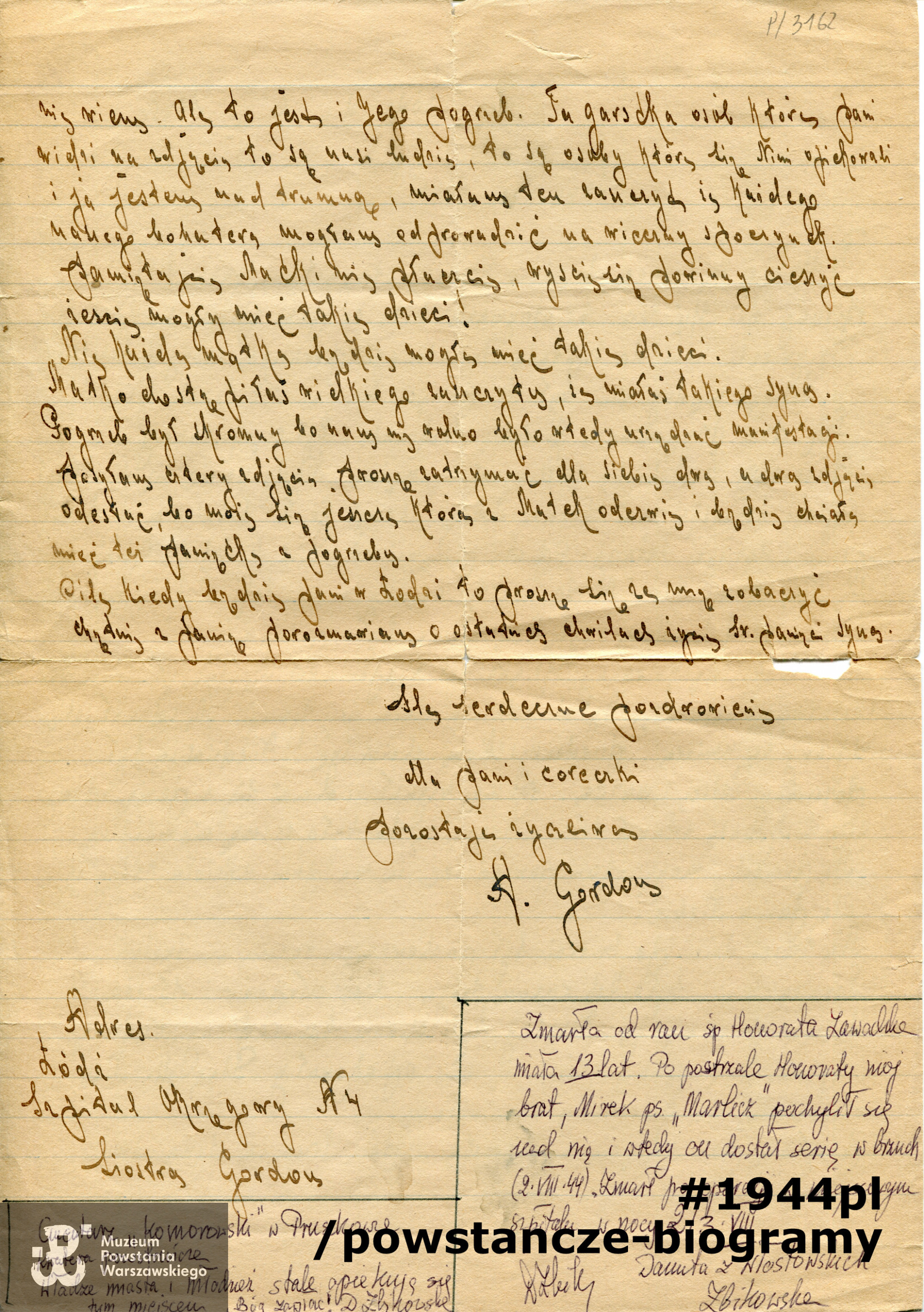 List napisany przez pielęgniarkę do Janiny Włostowskiej dotyczący  okoliczności śmierci  Mirosława Włostowskiego ps. "Marlicz". Ze zbiorów Muzeum Powstania Warszawskiego, sygn.  MPW-A-3113 (P/3162)