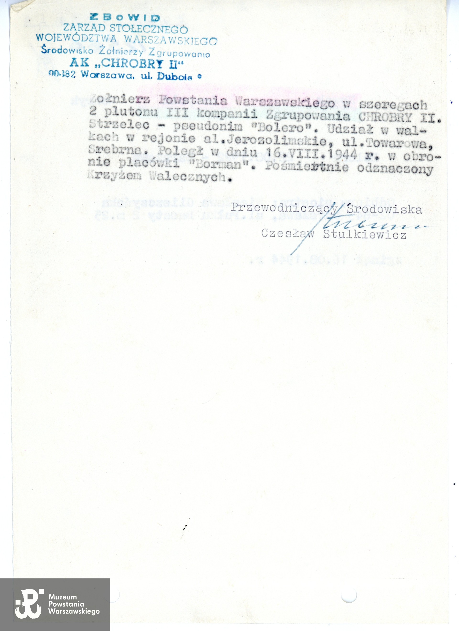 Muzeum Powstania Warszawskiego, Teczki personalne uczestników Powstania Warszawskiego: Nowak Leopold, uzasadnienie do wniosku o odznaczenie Warszawskim Krzyżem Powstańczym