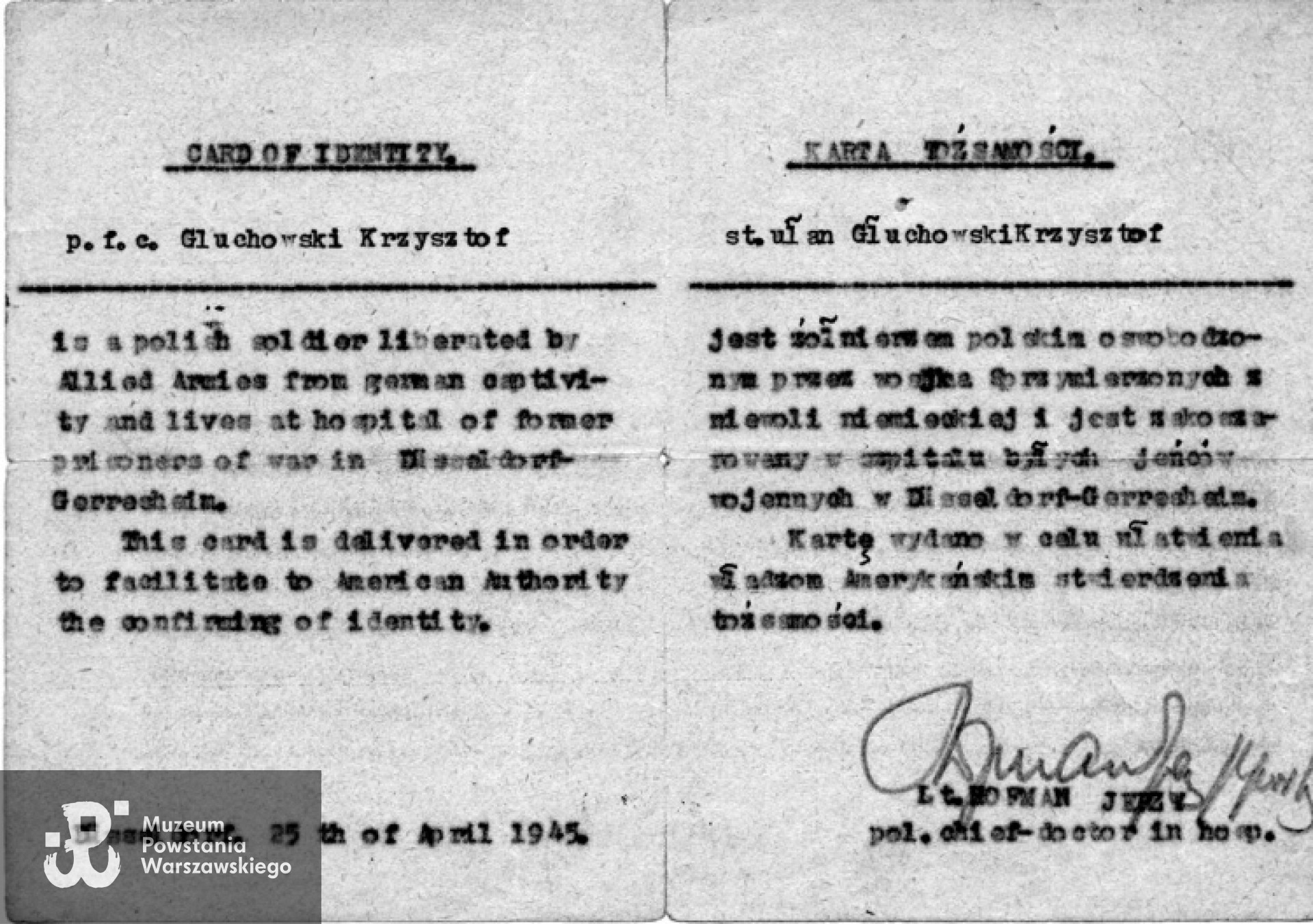 Rok 1945 - Karta Tożsamości Krzysztofa Głuchowskiego po wyzwoleniu z niewoli