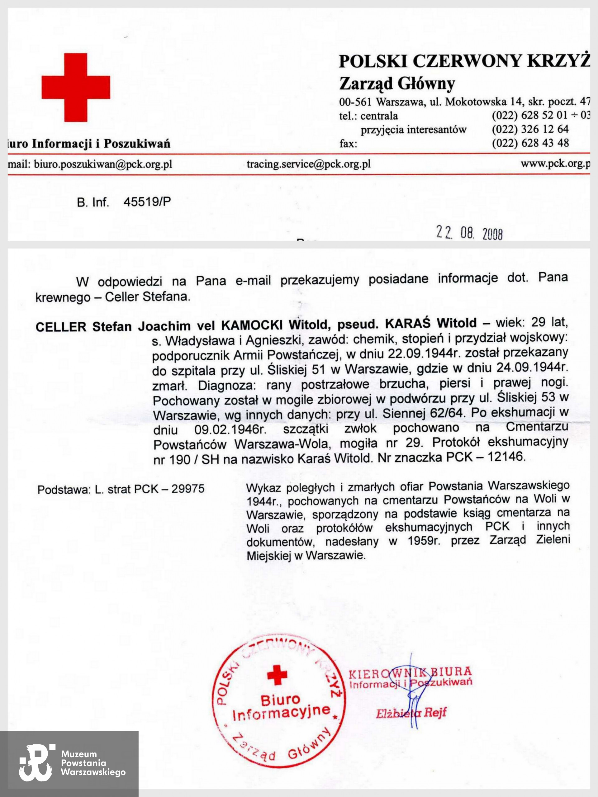 Odpowiedź skierowana do rodziny przez Biuro Informacji i Poszukiwań PCK. Archiwum rodzinne p. Zbigniewa Cellera