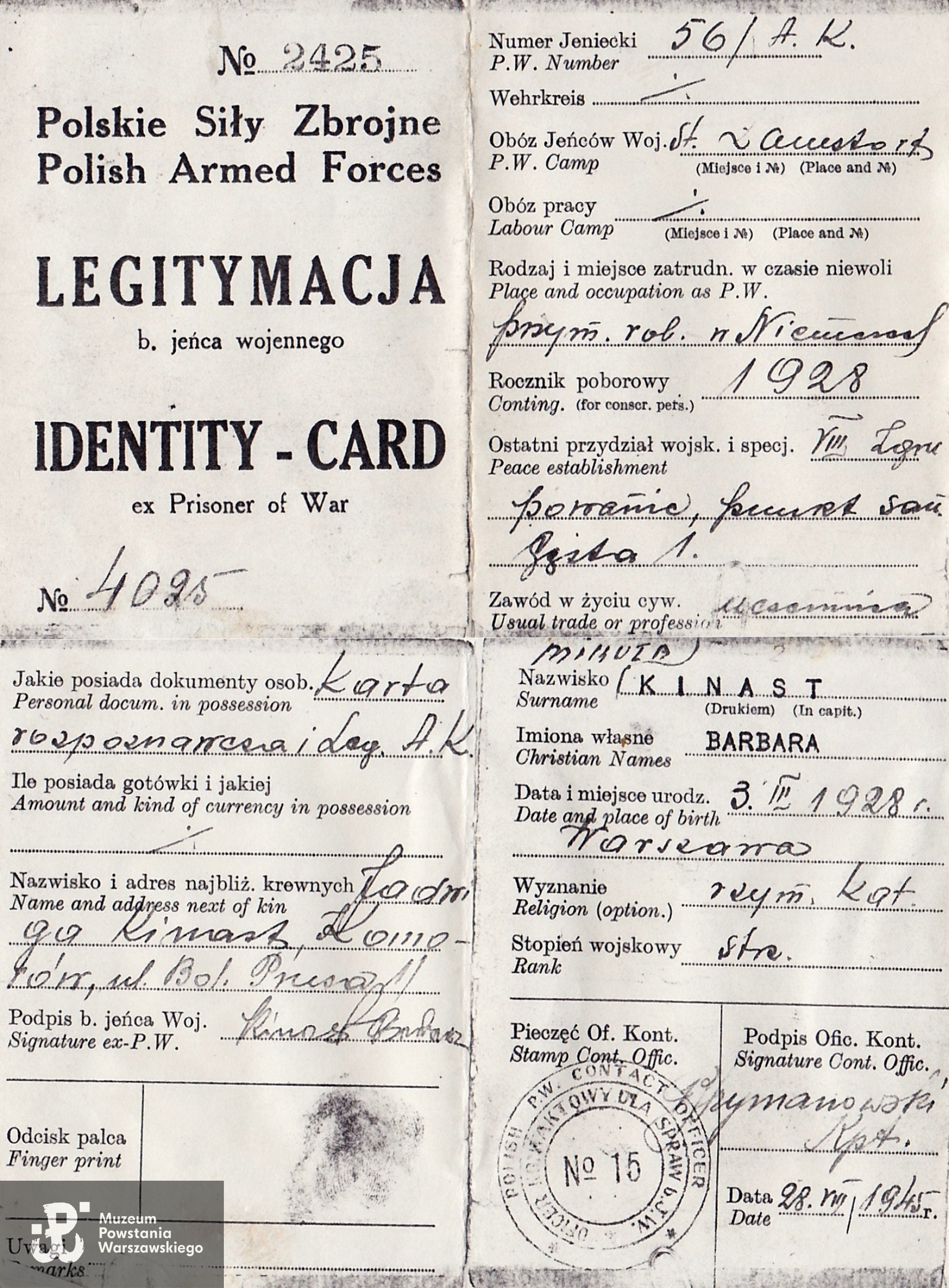 Legitymacja b. jeńca wojennego. Fot. i dokumenty z archiwum rodzinnego udostępniła p. Danuta Mikuła - Dobroń