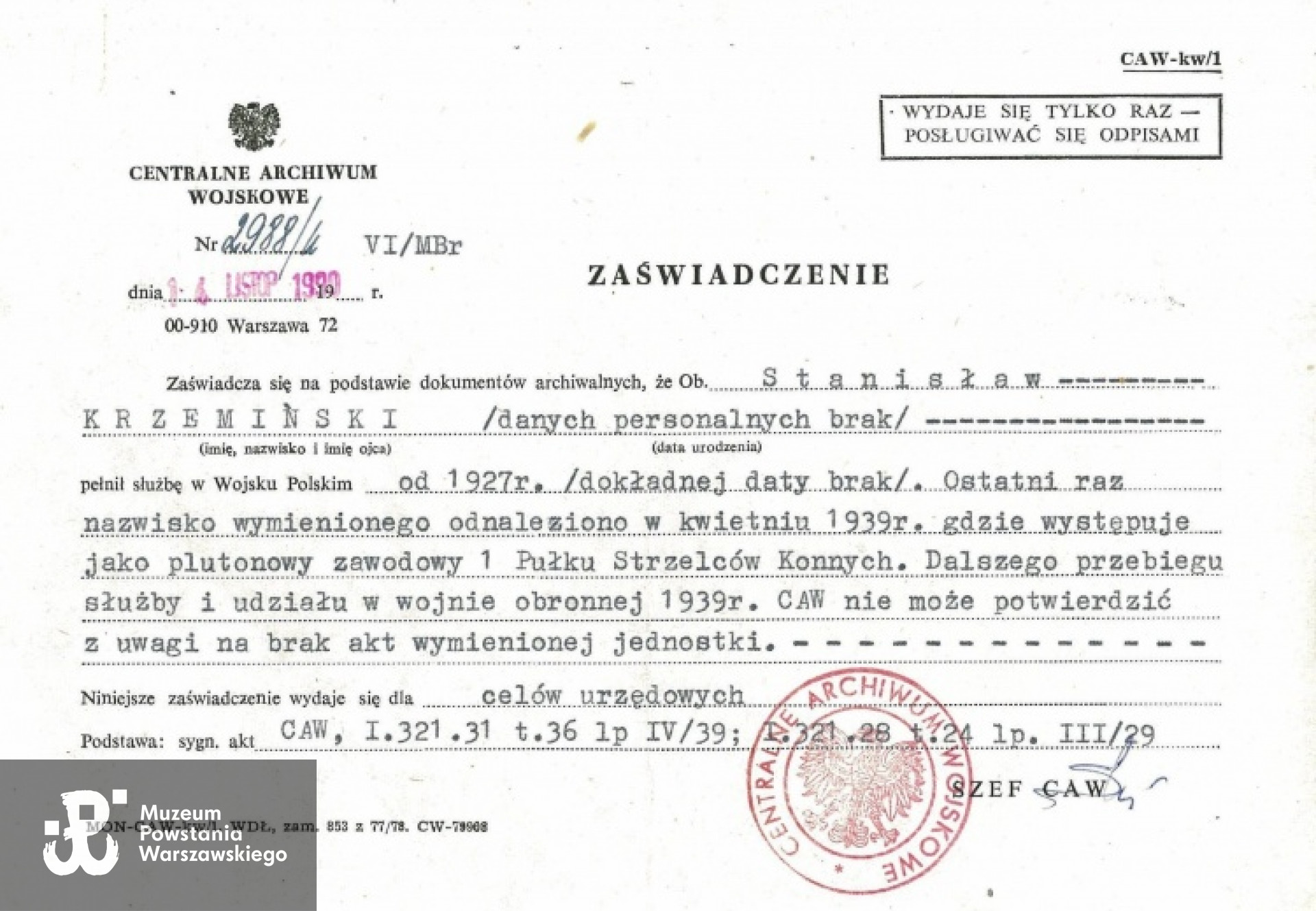 Dokumentacja CAW. Fot. archiwum rodzinnego córki