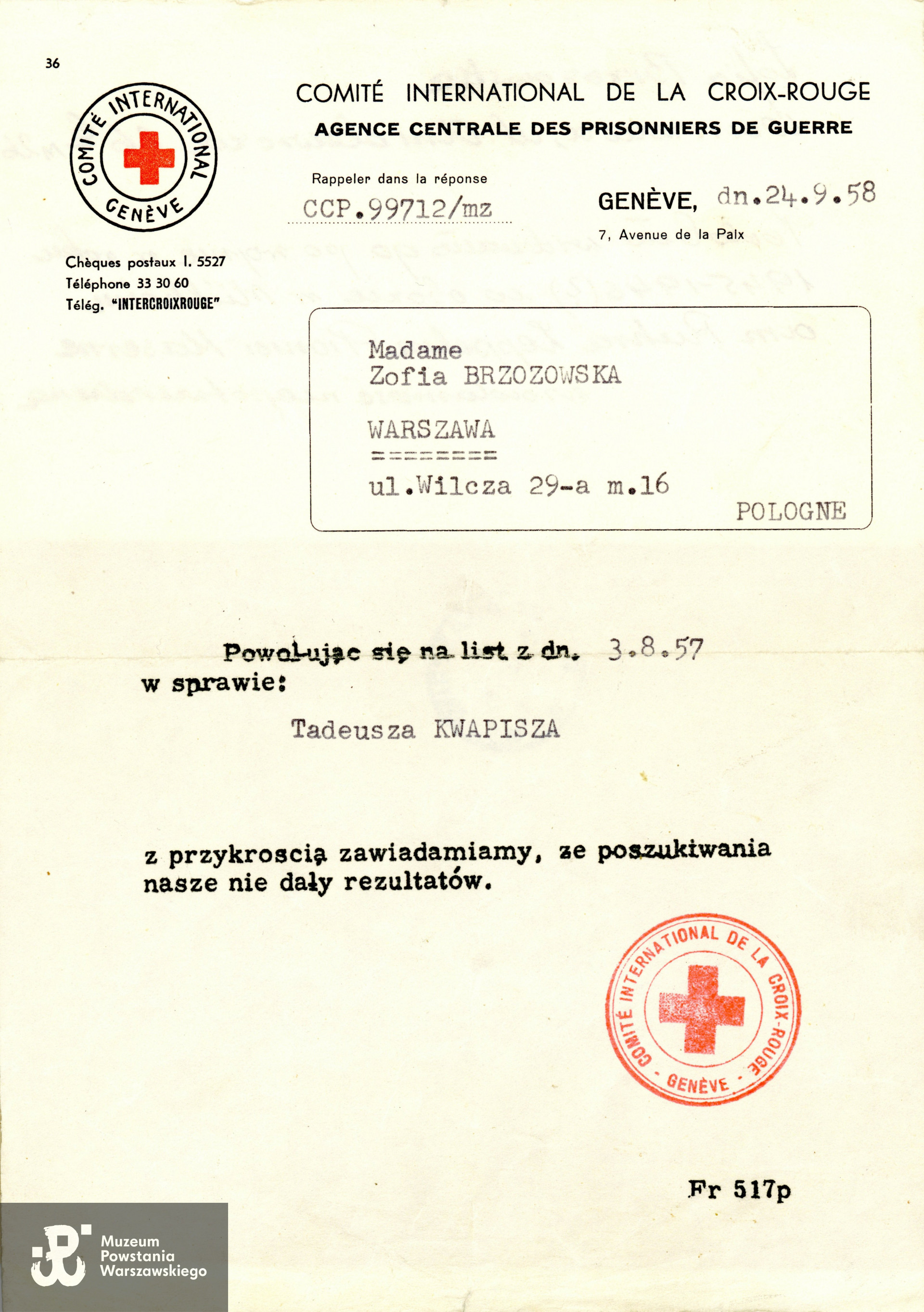 Korespondencja z Czerwonym Krzyżem - ślad poszukiwań prowadzonych po wojnie przez rodzinę.  Z archiwum rodzinnego