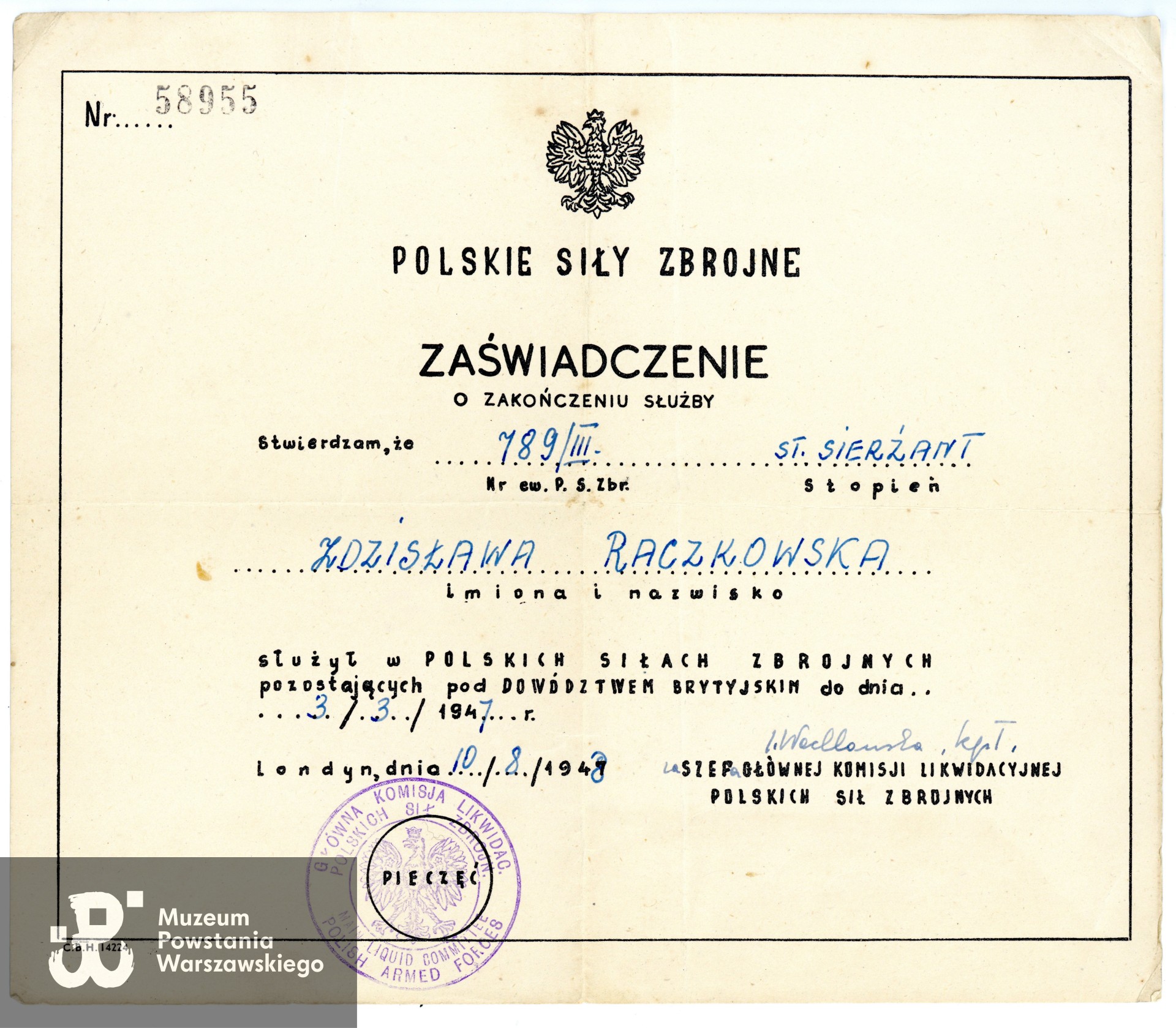 Zaświadczenie PSZ o zakończeniu służby.  