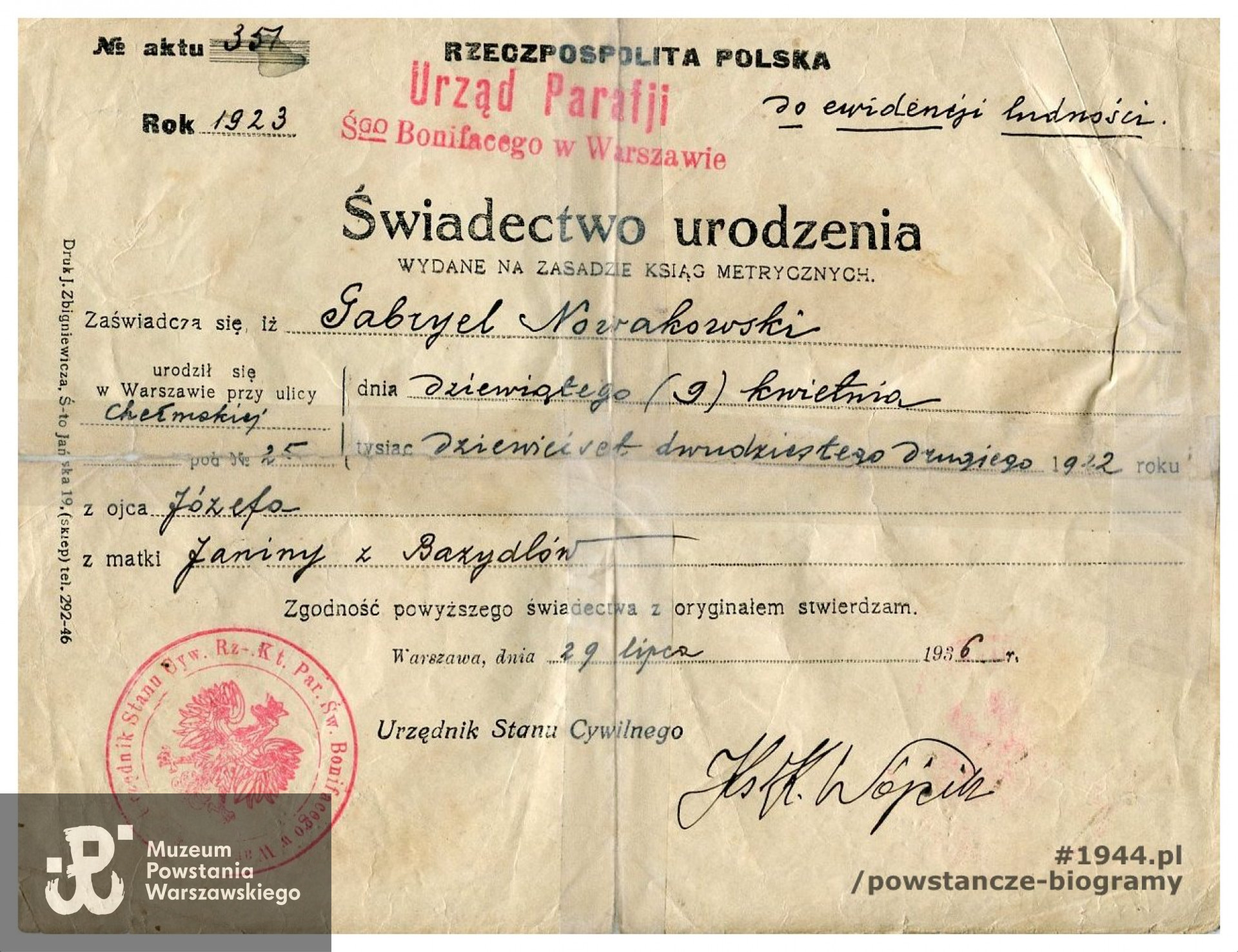 Świadectwo urodzenia, ze zbiorów Muzeum Powstania Warszawskiego, sygn.  MPW-A-2784 (P/2177)