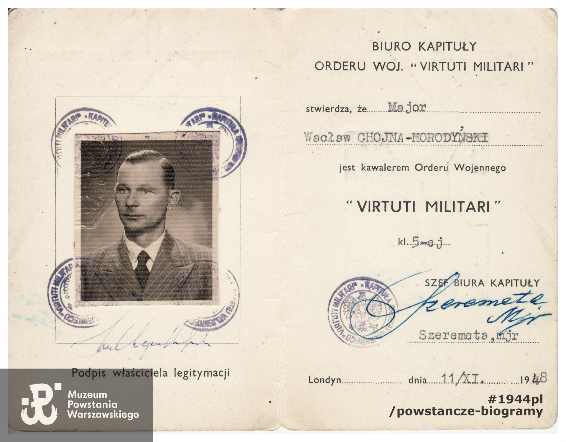 Legitymacja Krzyża Virtuti Militari wystawiona w Londynie. Dokument ze zbiorów rodzinnych, skan udostępniła p. Agnieszka Ławacz-Sampanis
