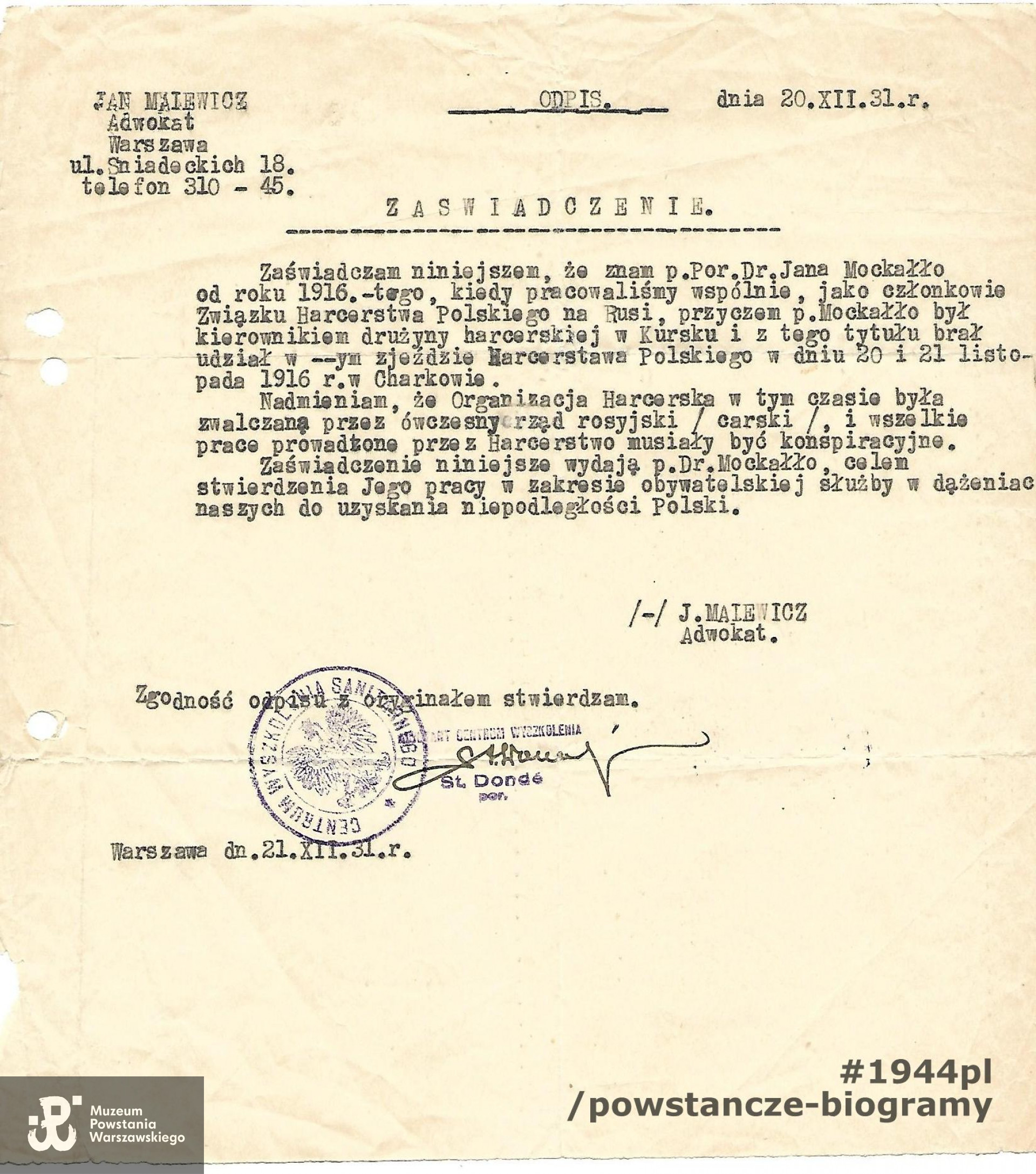 Dokument ze zbiorów rodzinnych, skan nadesłał pan Witold Mockałło, bratanek Powstańca