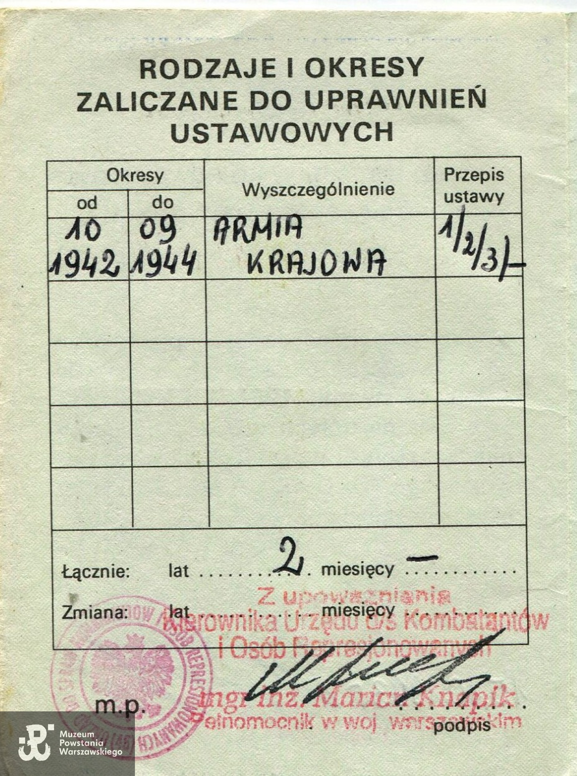 Zaświadczenie (legitymacja) UdsKiOR. Ze zbiorów rodzinnych, skan: materiały do Słownika Uczestników Powstania Warszawskiego - Pokój Kombatanta MPW