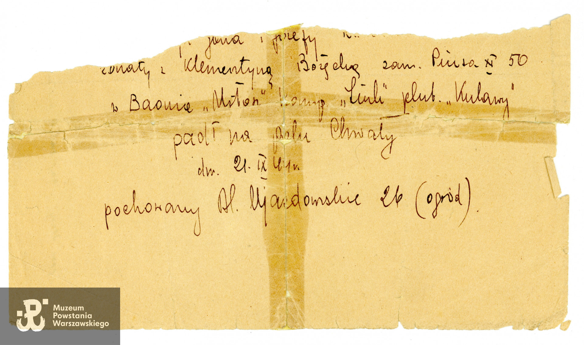 Fragment dokumentu dotyczącego śmierci i miejsca pochowania Wacława Gapieniuka. Ze zbiorów rodzinnych, udostępnił p. Andrzej Gapieniuk