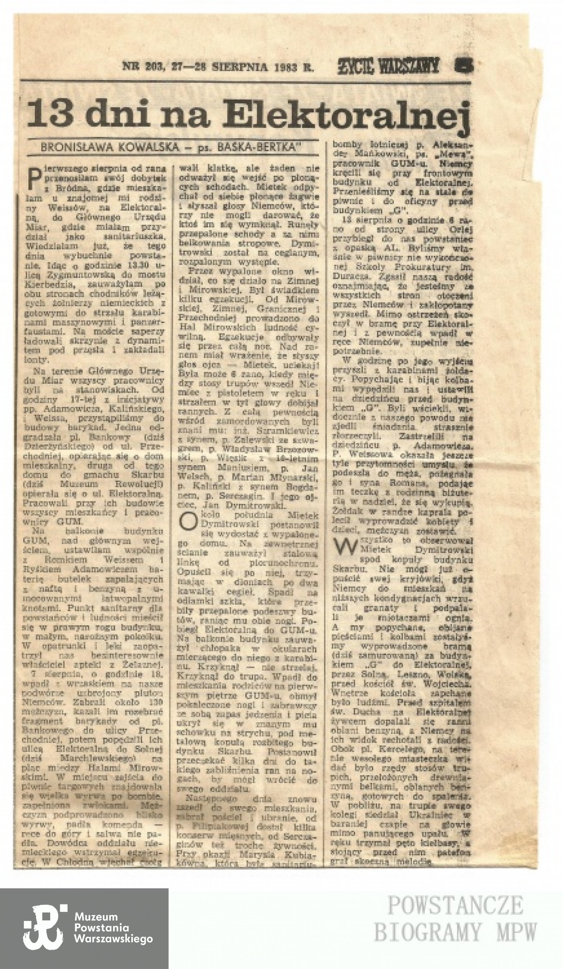 Artykuł  o losach M. Dymitrowskiego na ul. Elektoralnej zamieszczony w 203. numerze "Życia Warszawy" (27-28.08.1983). Z archiwum rodzinnego Marcina Kowala.