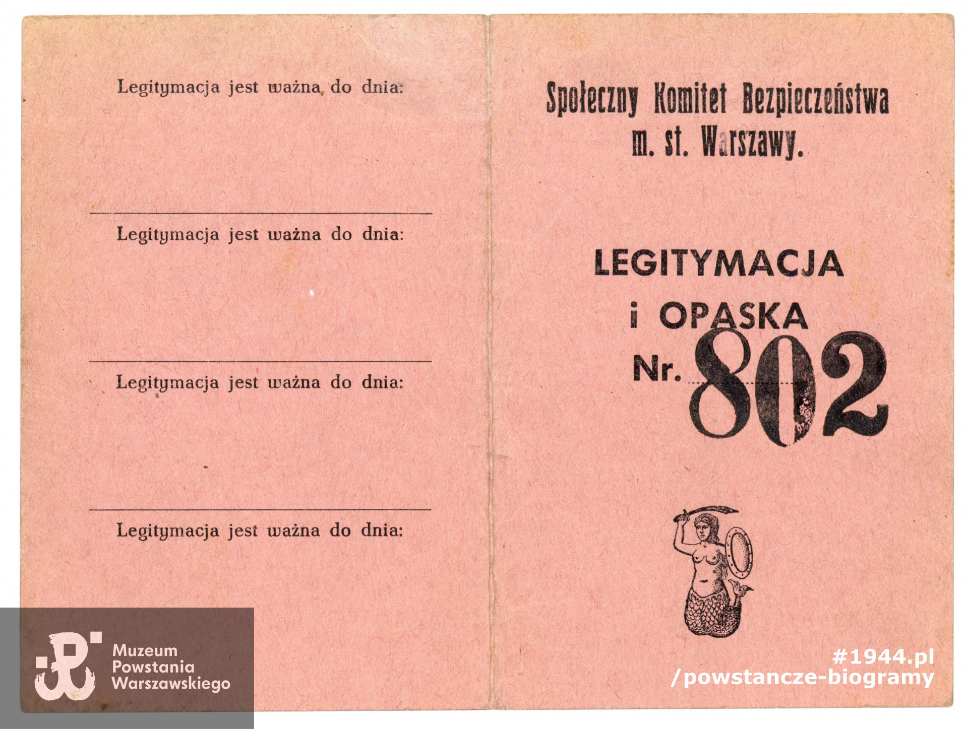 Społeczny Komitet Bezpieczeństwa m. st. Warszawy - legitymacja datowana na 28.09.1944. Dokument wystawiony na konspiracyjne nazwisko Powiertowski. Z archiwum rodzinnego udostępniła córka, p. Joanna Brejnak.