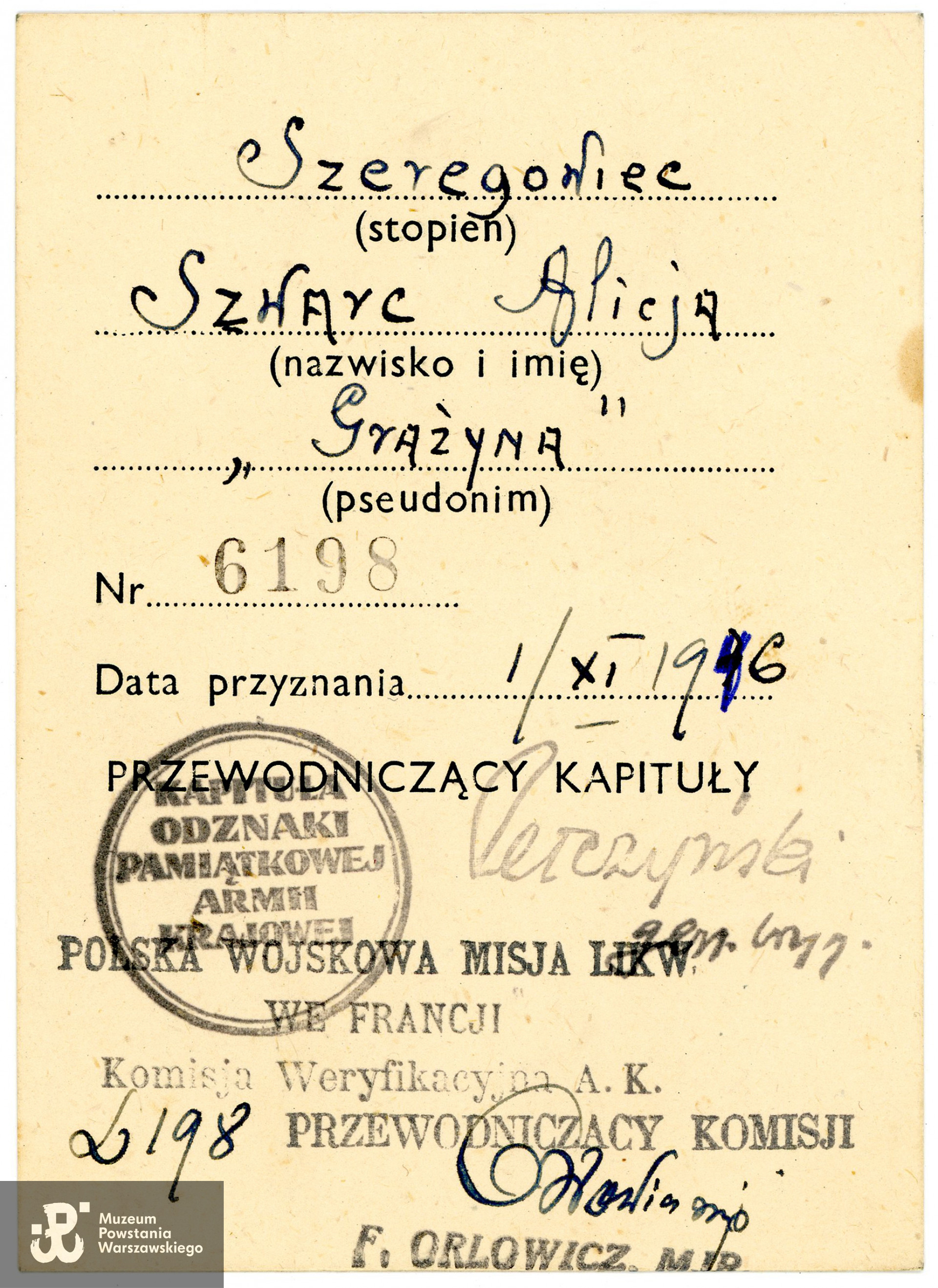 Legitymacja odznaczeniowa Odznaki Pamiątkowej Armii Krajowej. Skan udostępnił p. Adam Szwarc