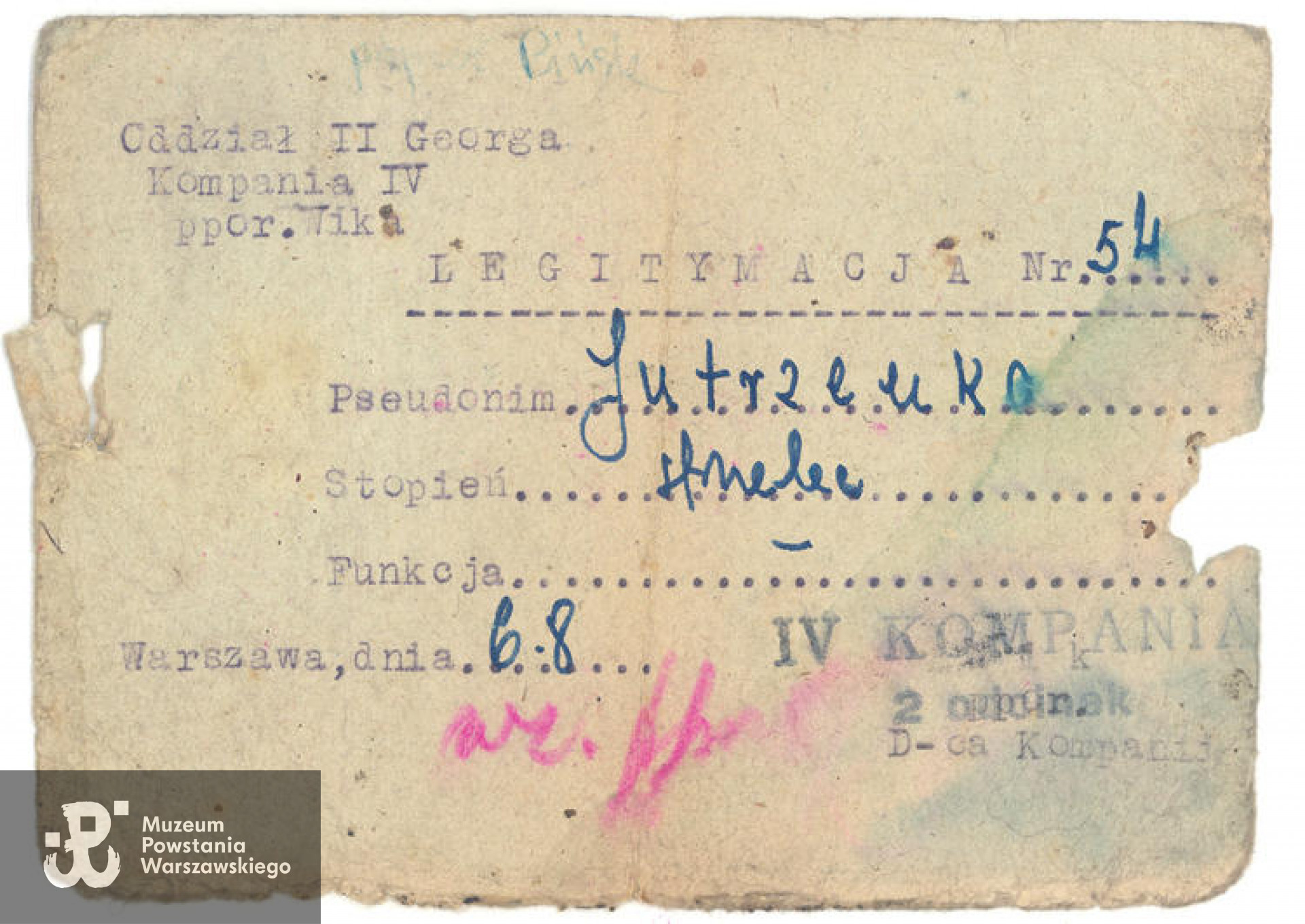 Pierwsza legitymacja powstańcza wydawana 6.08.1944 r. w Oddziale II Georga