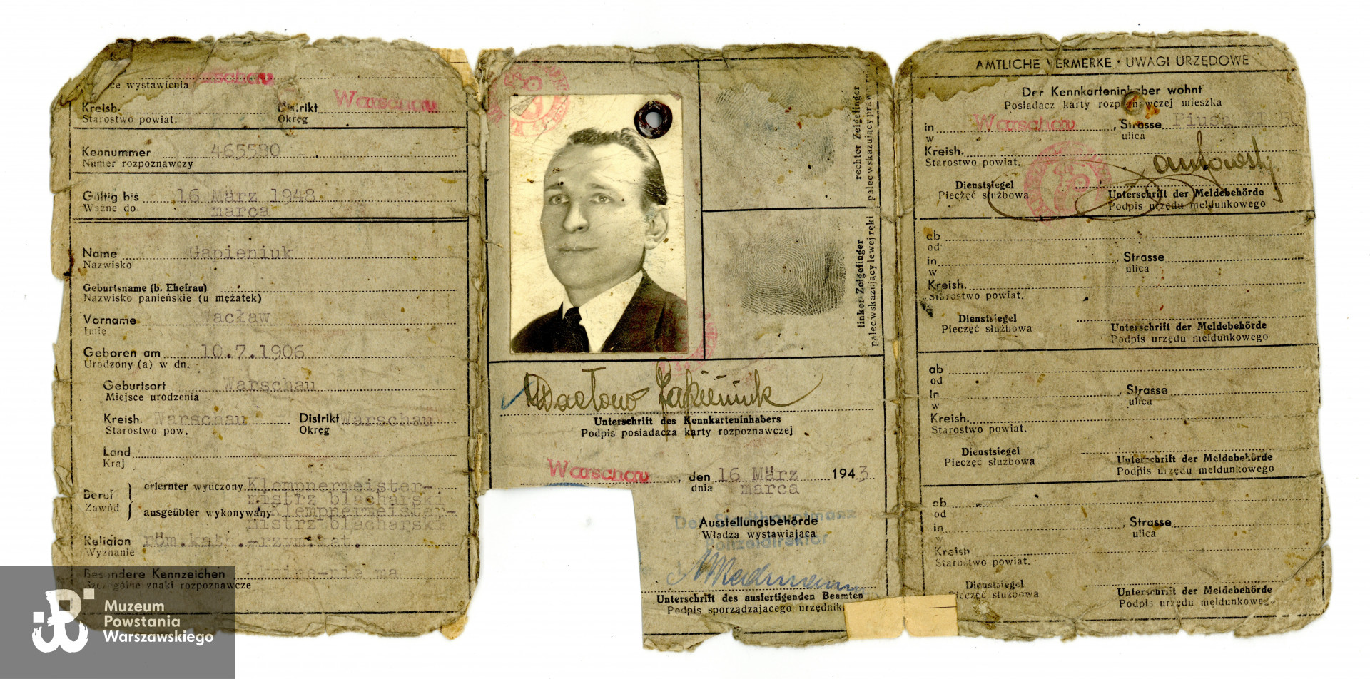 Kenkarta Wacława Gapieniuka - rewers dokumentu. Ze zbiorów rodzinnych, udostępnił p. Andrzej Gapieniuk