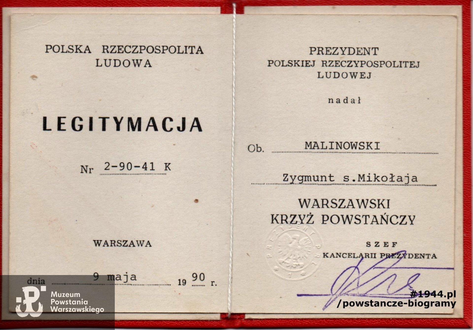  Legitymacja odznaczeniowa - Warszawski Krzyż Powstańczy. Ze zbiorów rodzinnych p. Ryszarda Malinowskiego.
