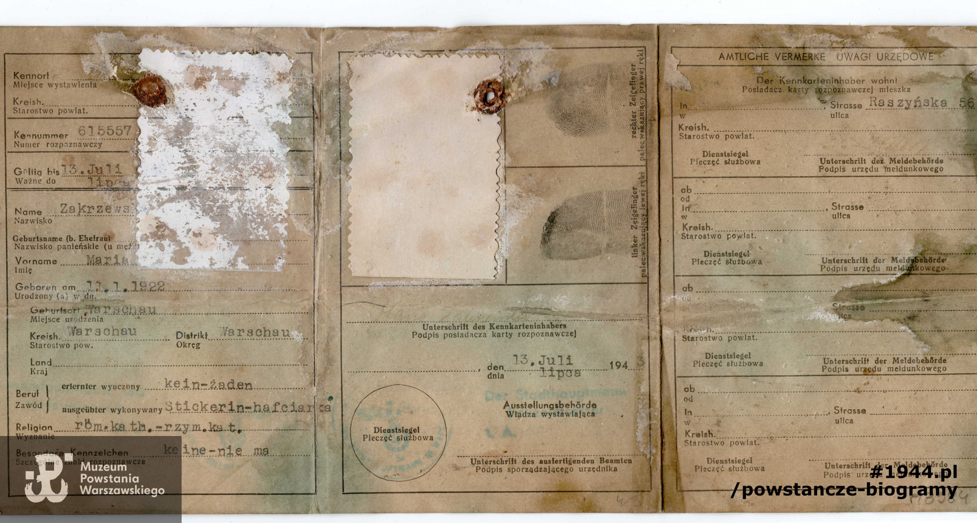 Kennkarta wystawiona na nazwisko Maria Zakrzewska. Dokument zniszczony, z ekshumacji. Ze zbiorów Muzeum Powstania Warszawskiego, sygn. P/8984