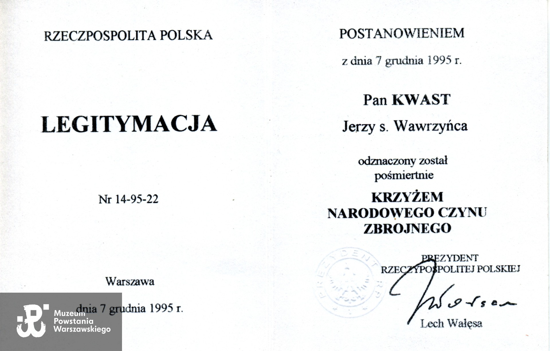 Legitymacja odznaczeniowa - Krzyż Narodowego Czynu Zbrojnego. Ze zbiorów rodzinnych p. Andrzeja Kwasta, syna Powstańca
