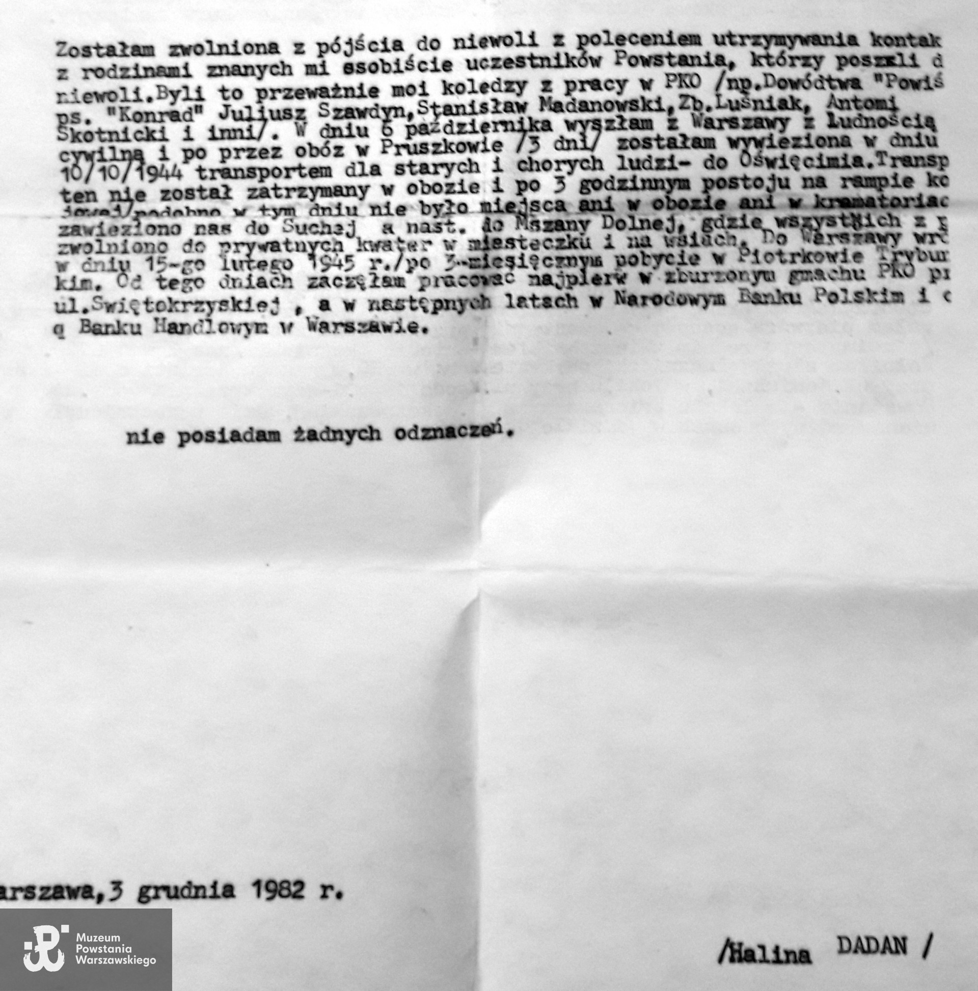 Oświadczenie Haliny Dadan, cz. II - Warszawa, 1982. Ze zbiorów rodzinnych