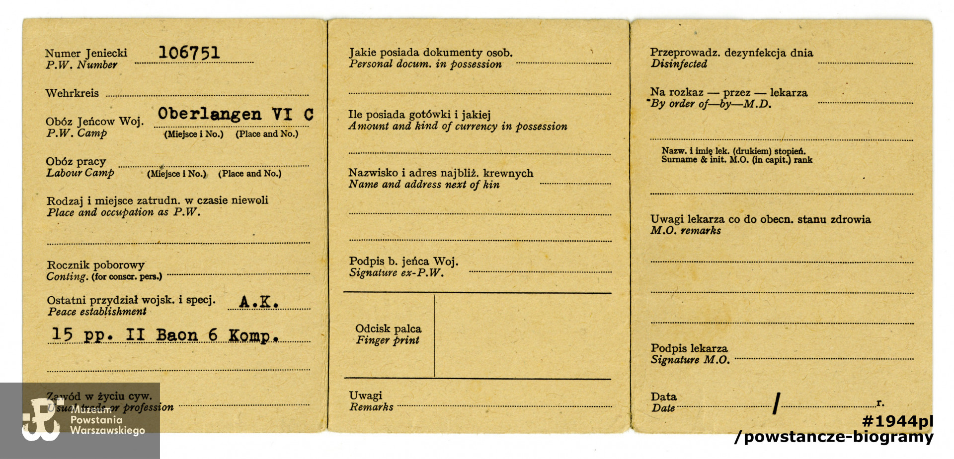 Należąca do Janiny Wierusz-Kowalskiej legitymacja byłego jeńca wojennego. Dokument wystawiony na nazwisko Janina Kowalska. Ze zbiorów Muzeum Powstania Warszawskiego sygn. P/7948/14, dar p. Krystyny Rachwał