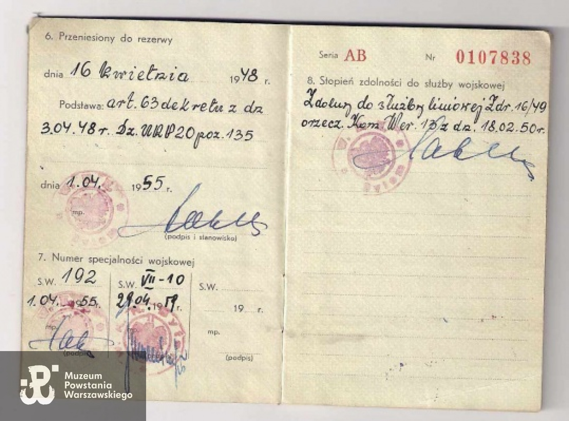 Bolesław Stanisław Koehler - Legitymacja Wojskowa oficera rezerwy z 1950 r.