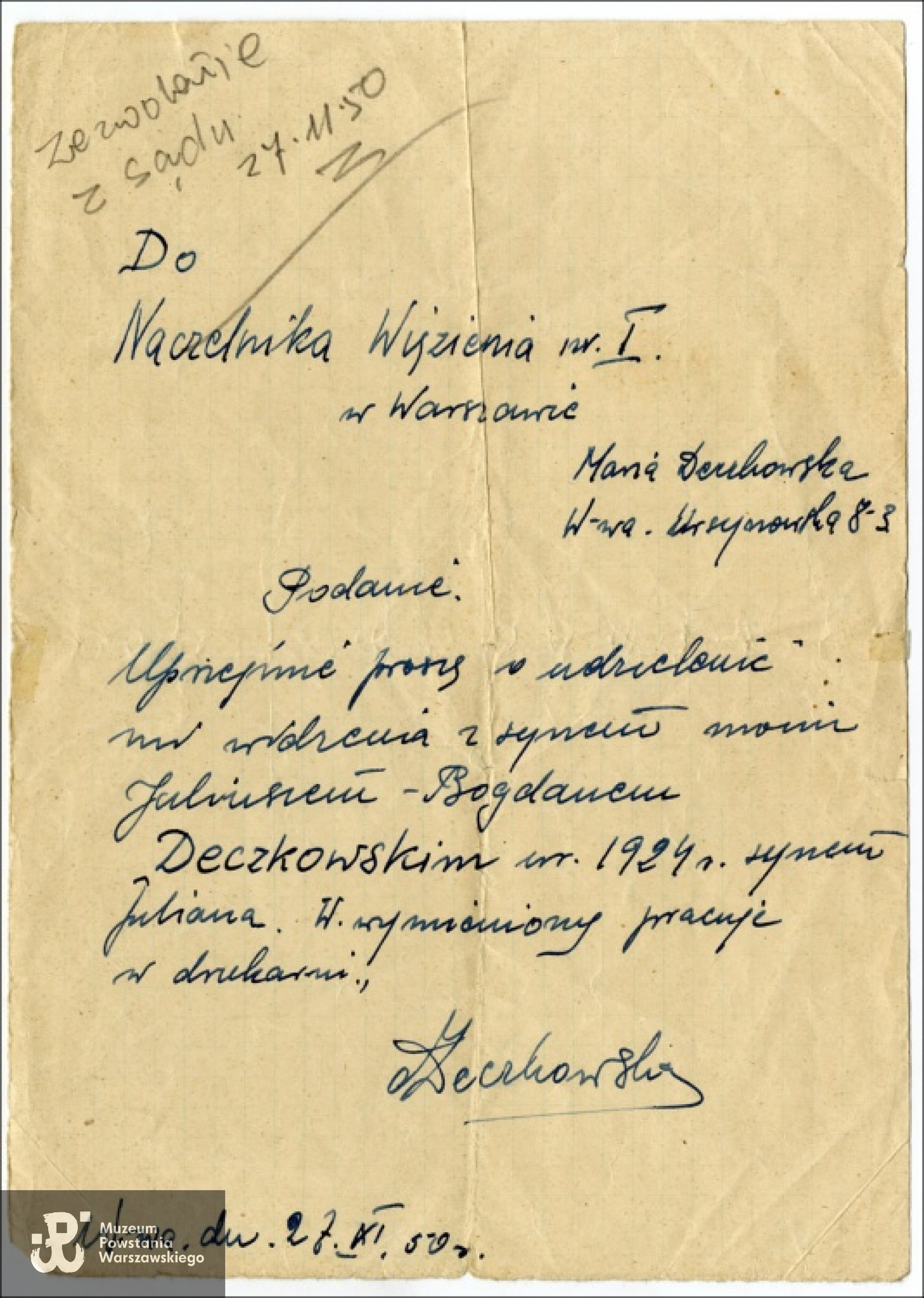 Prośba Marii Deczkowskiej o widzenie z synem. Ze zbiorów Archiwum Akt Nowych