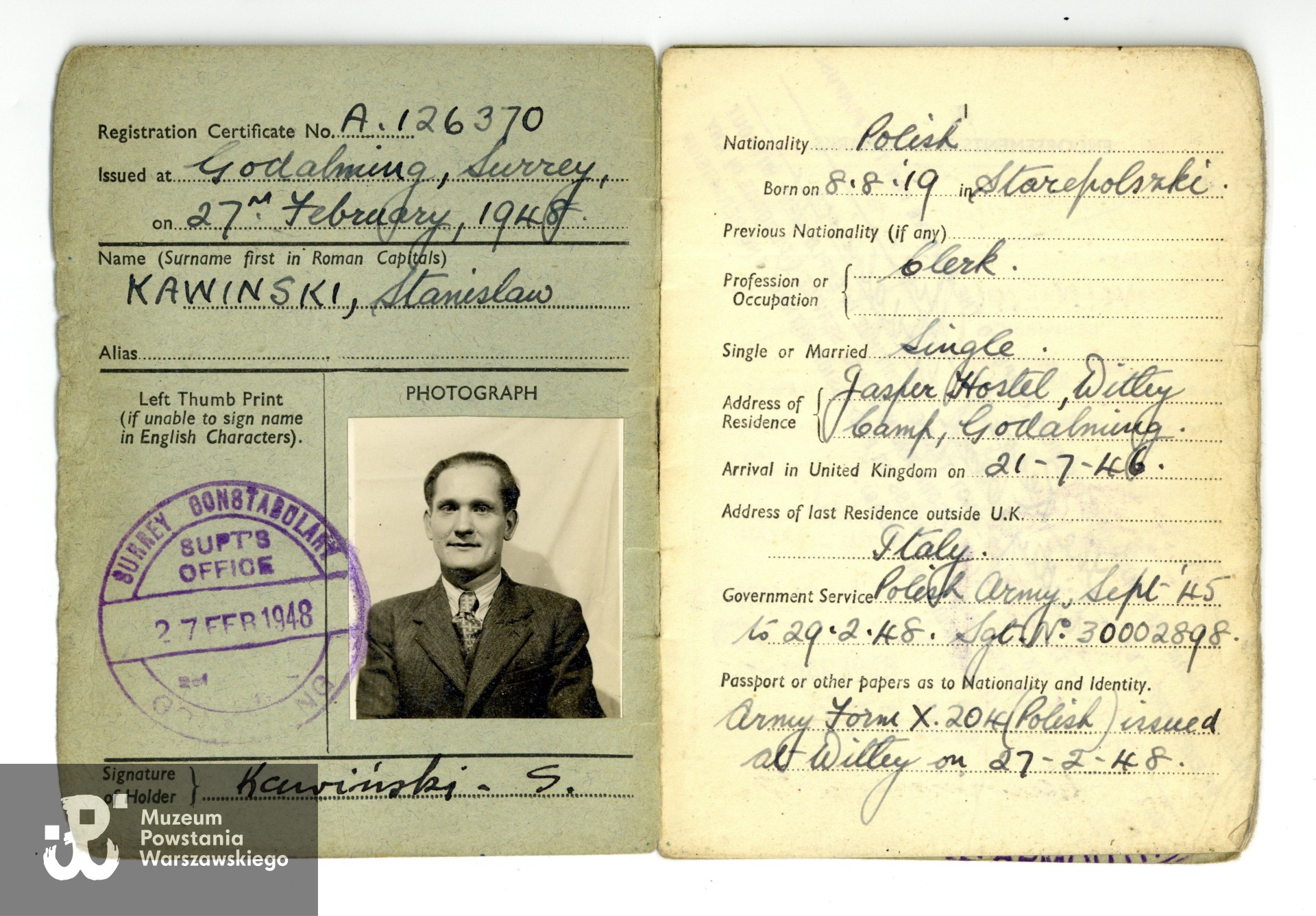 Oświadczenie por. Włodzimierza Tymienieckiego o przebiegu służby S. Kawińskiego z dnia 05.05.1946 roku. Zbiory rodzinne. Skan wykonano w Muzeum Powstania Warszawskiego, 12/2024.