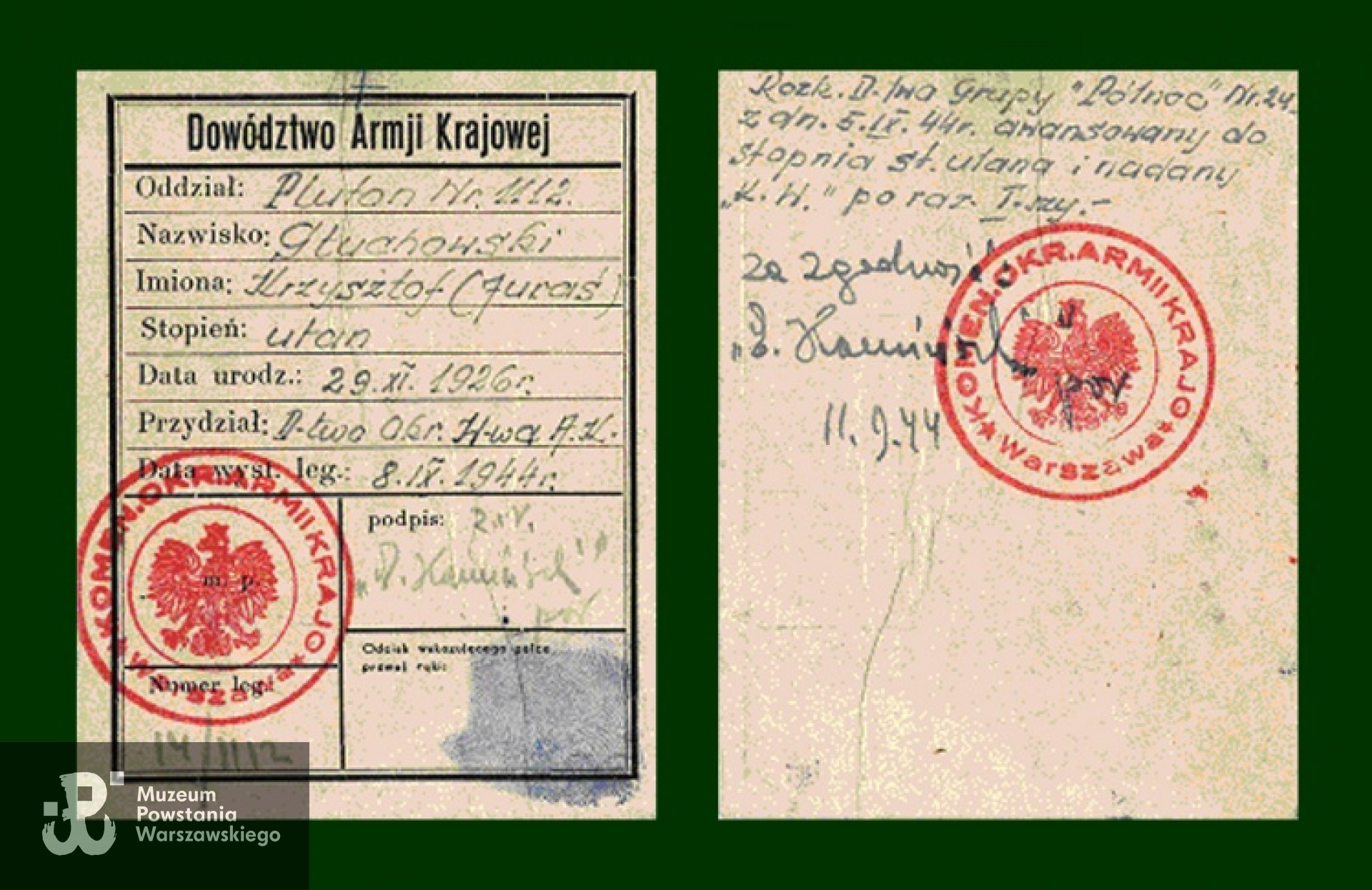 Powstanie Warszawskie. Legitymacja AK Krzysztofa Głuchowskiego ps "Juraś"