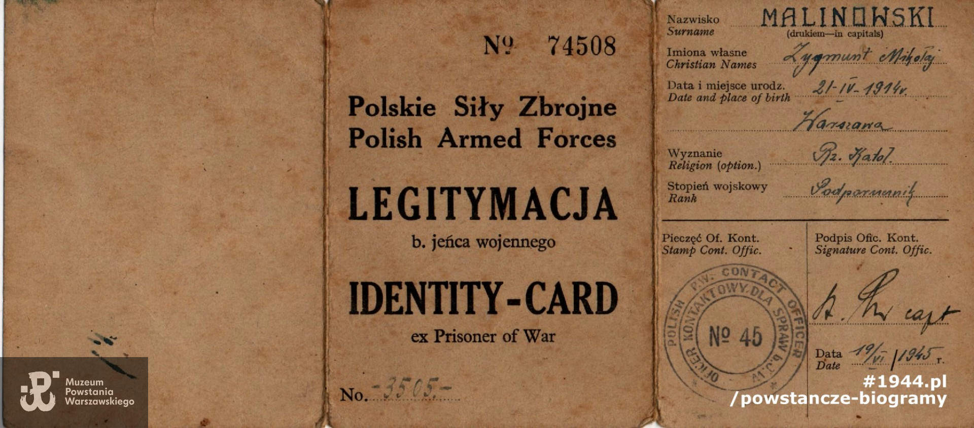 Legitymacja byłego jeńca wojennego. Ze zbiorów rodzinnych p. Ryszarda Malinowskiego.