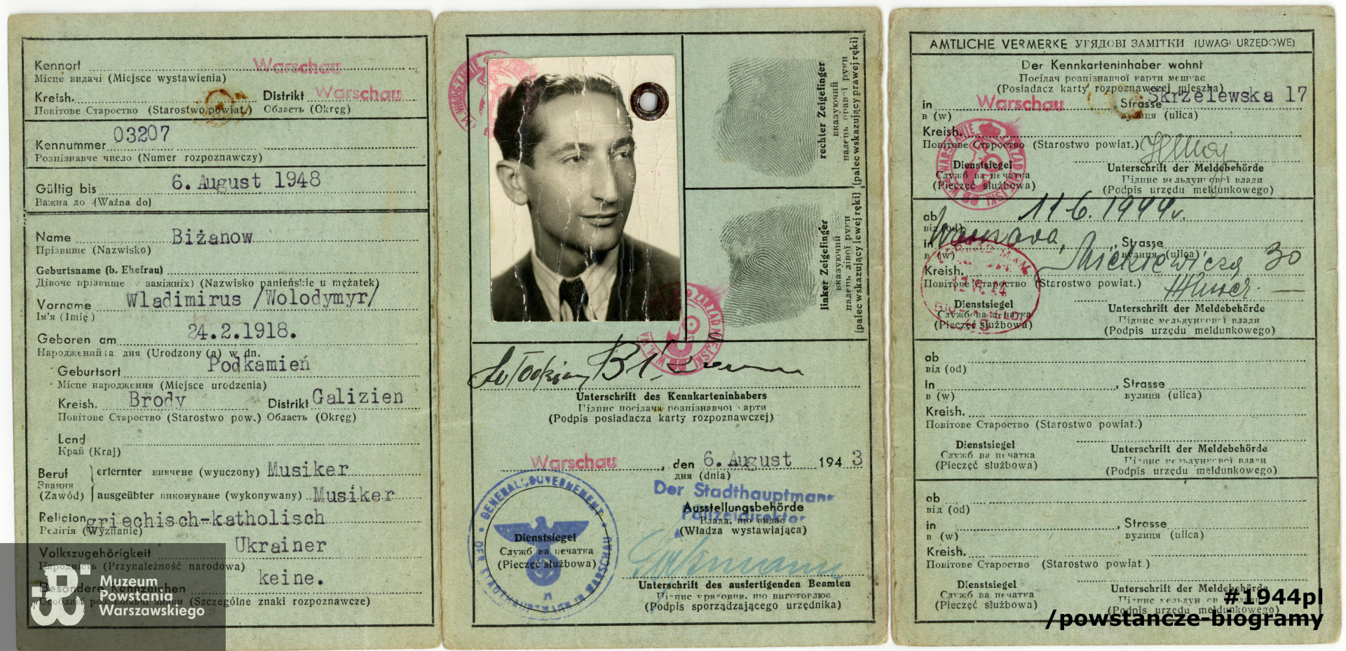 Kennkarta - okupacyjny dokument tożsamości (karta rozpoznawcza). Dokument wystawiony na nazwisko Wladimirus (Wolodymyr) Bieżanow. Ze zbiorów Muzeum Powstania Warszawskiego, dar p. Ewy Bieżan