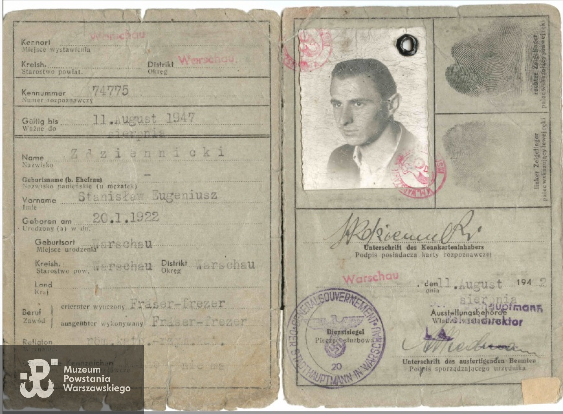 Fragment należącej do Stanisława Zdziennickiego kenkarty. Skan udostępnił  p. Paweł  Zdziennicki 