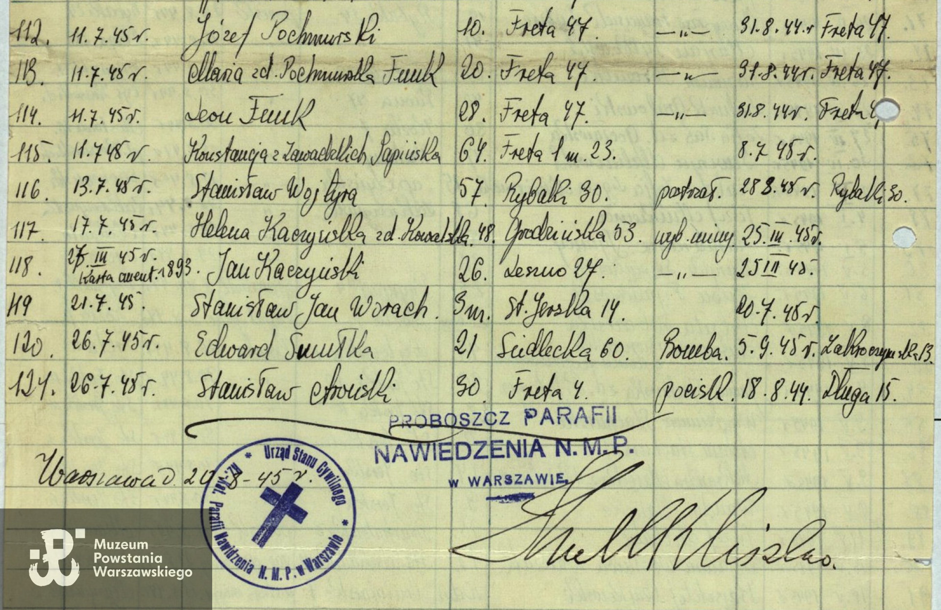 Archiwum Państwowe m.st. Warszawy,  wykaz osób ekshumowanych - zapisy ksiąg parafialnych parafii rzymskokatolickiej  Nawiedzenia NMP w Warszawie, ul. Przyrynek 2